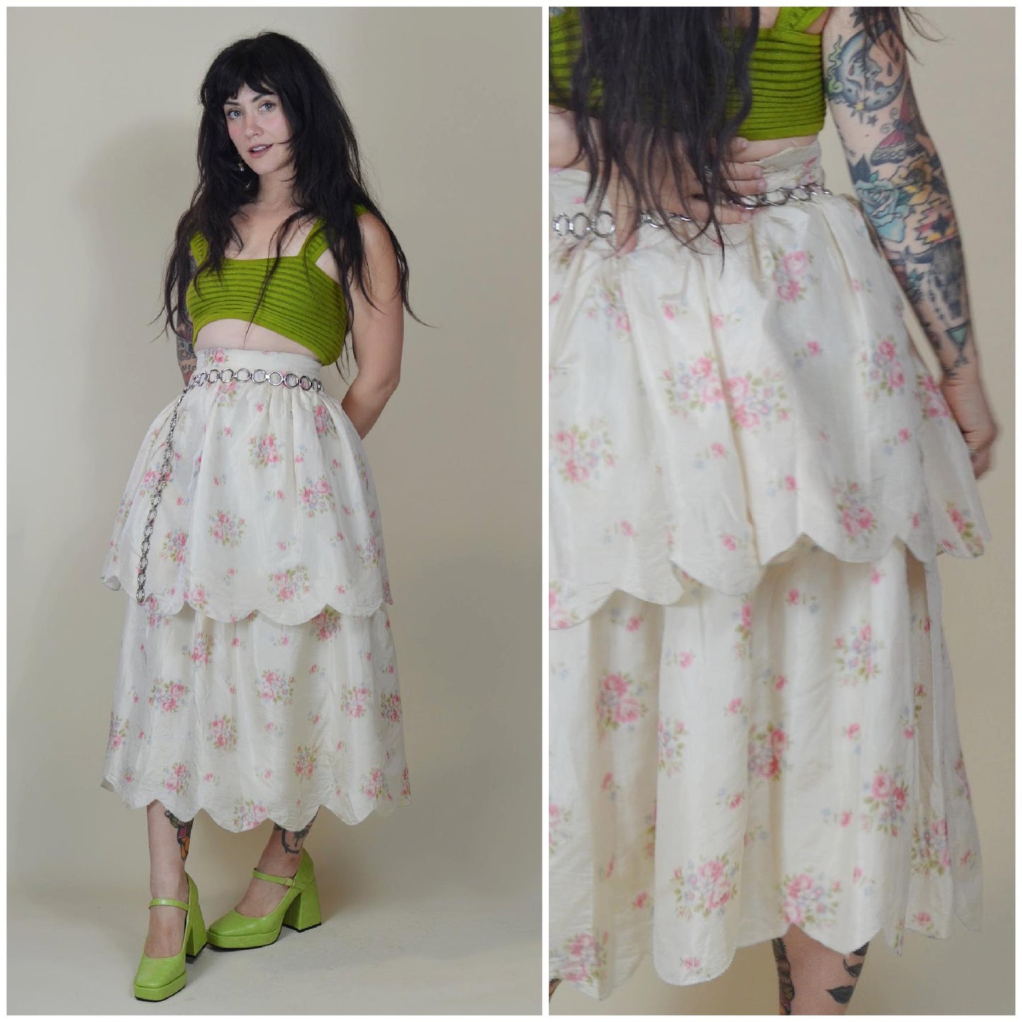 24 waist SILK 1900s Scalloped Skirt Victorian Era White Silk Floral Romantic