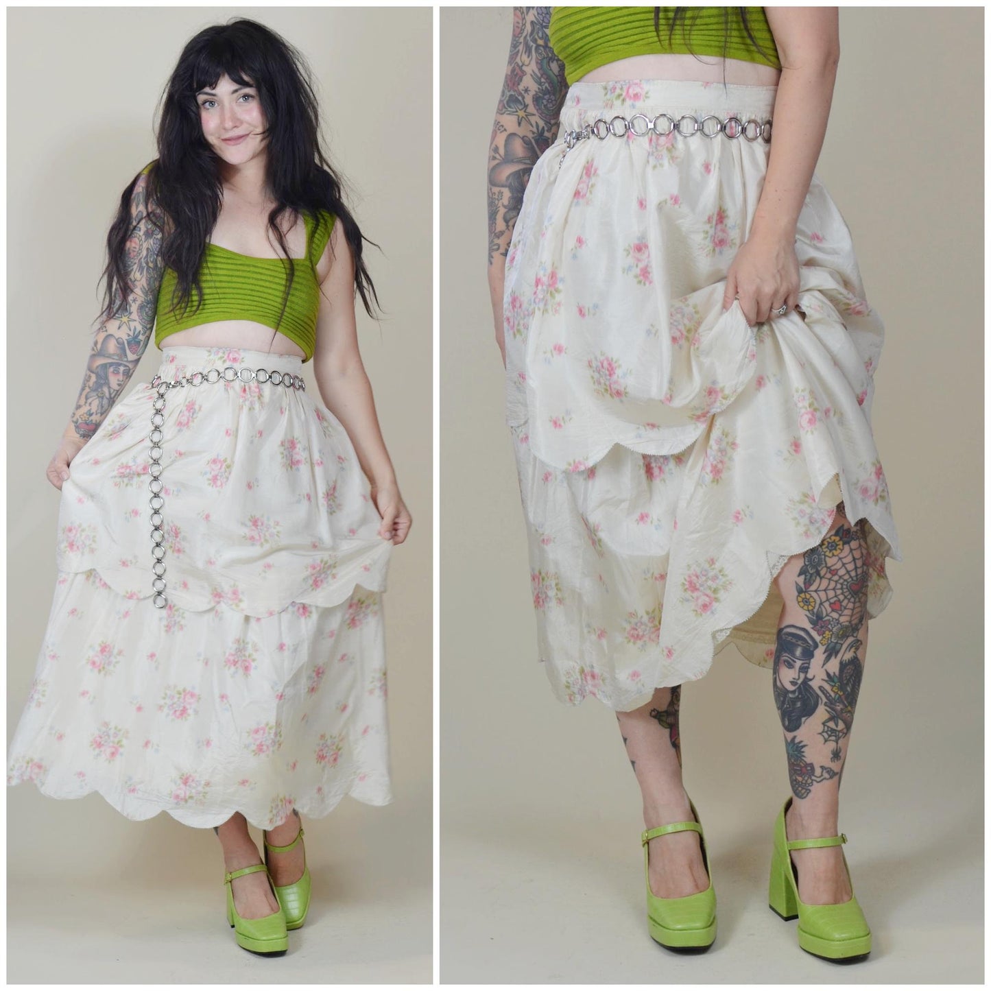 24 waist SILK 1900s Scalloped Skirt Victorian Era White Silk Floral Romantic