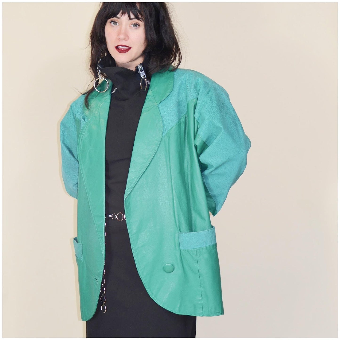 large 1980s Teal Leather Jacket Vintage Batwing 80s Avant Garde Oversized Coat