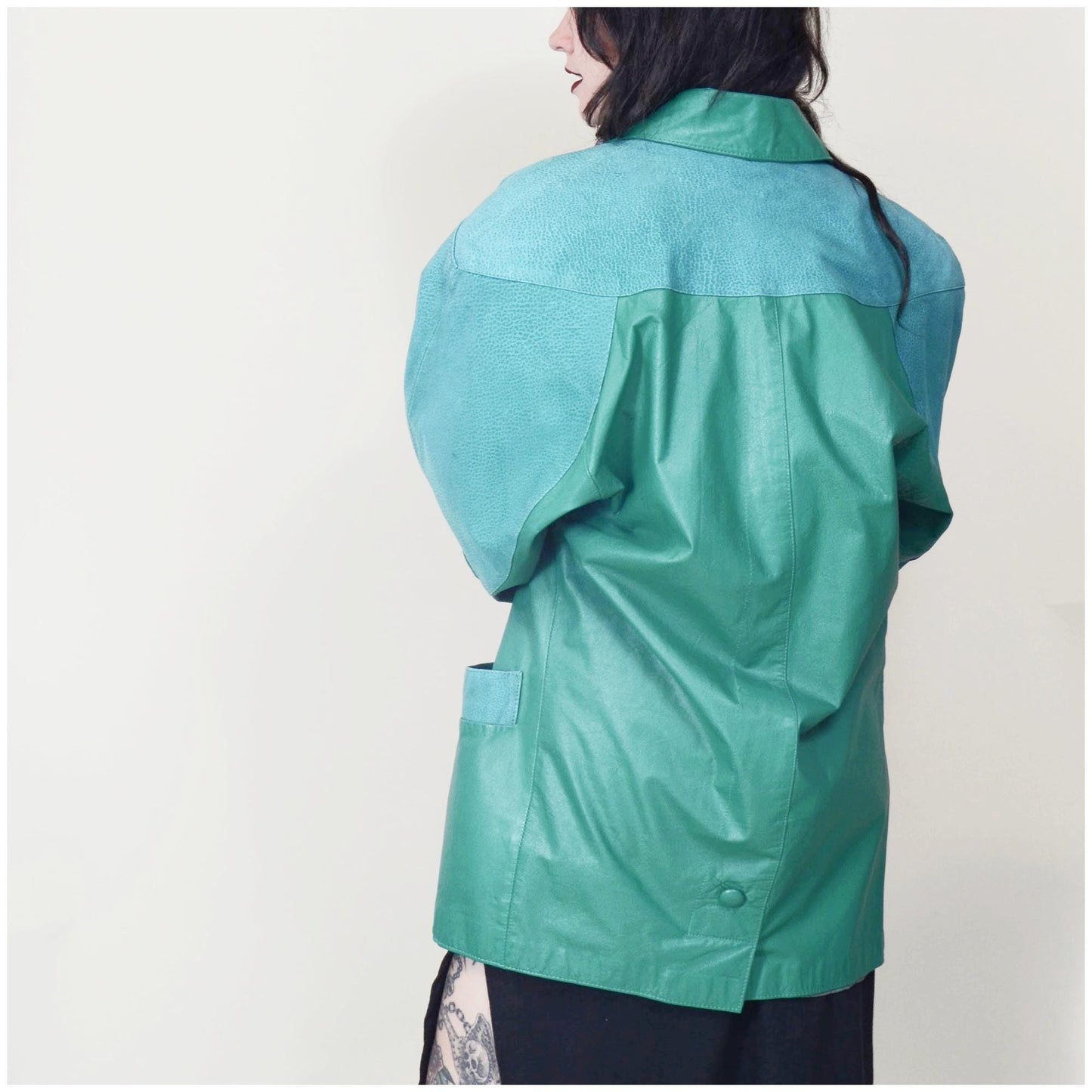large 1980s Teal Leather Jacket Vintage Batwing 80s Avant Garde Oversized Coat