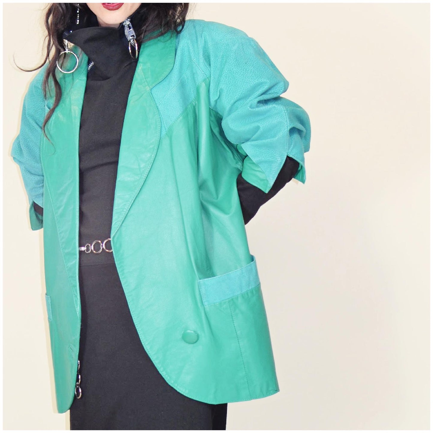large 1980s Teal Leather Jacket Vintage Batwing 80s Avant Garde Oversized Coat