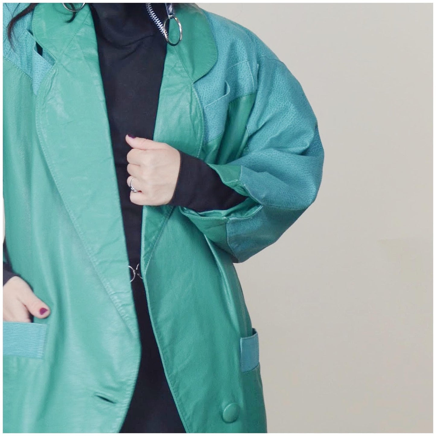 large 1980s Teal Leather Jacket Vintage Batwing 80s Avant Garde Oversized Coat