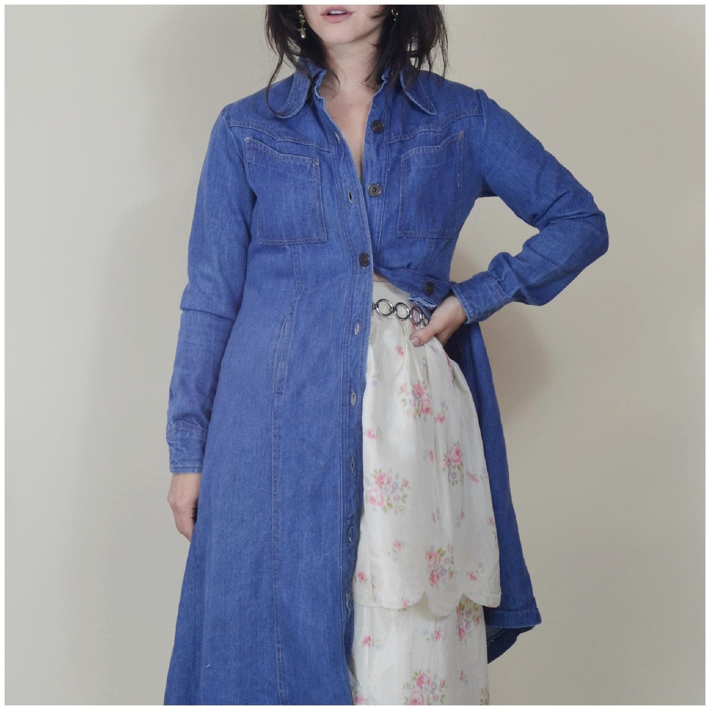 small 1970s denim jacket vintage jean dress 70s