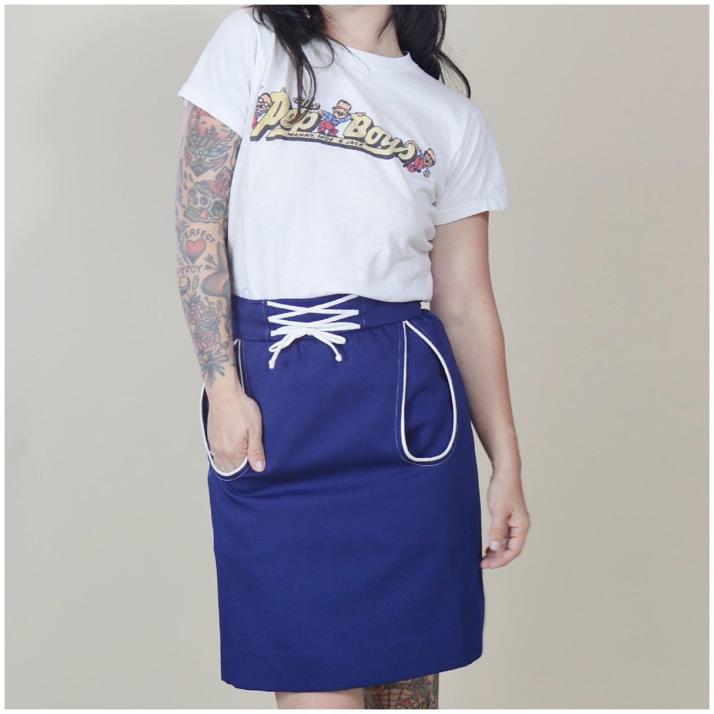xs 1960s Vintage Mini Skirt Deep Blue Skort 60s Mod Mini teardrop pockets
