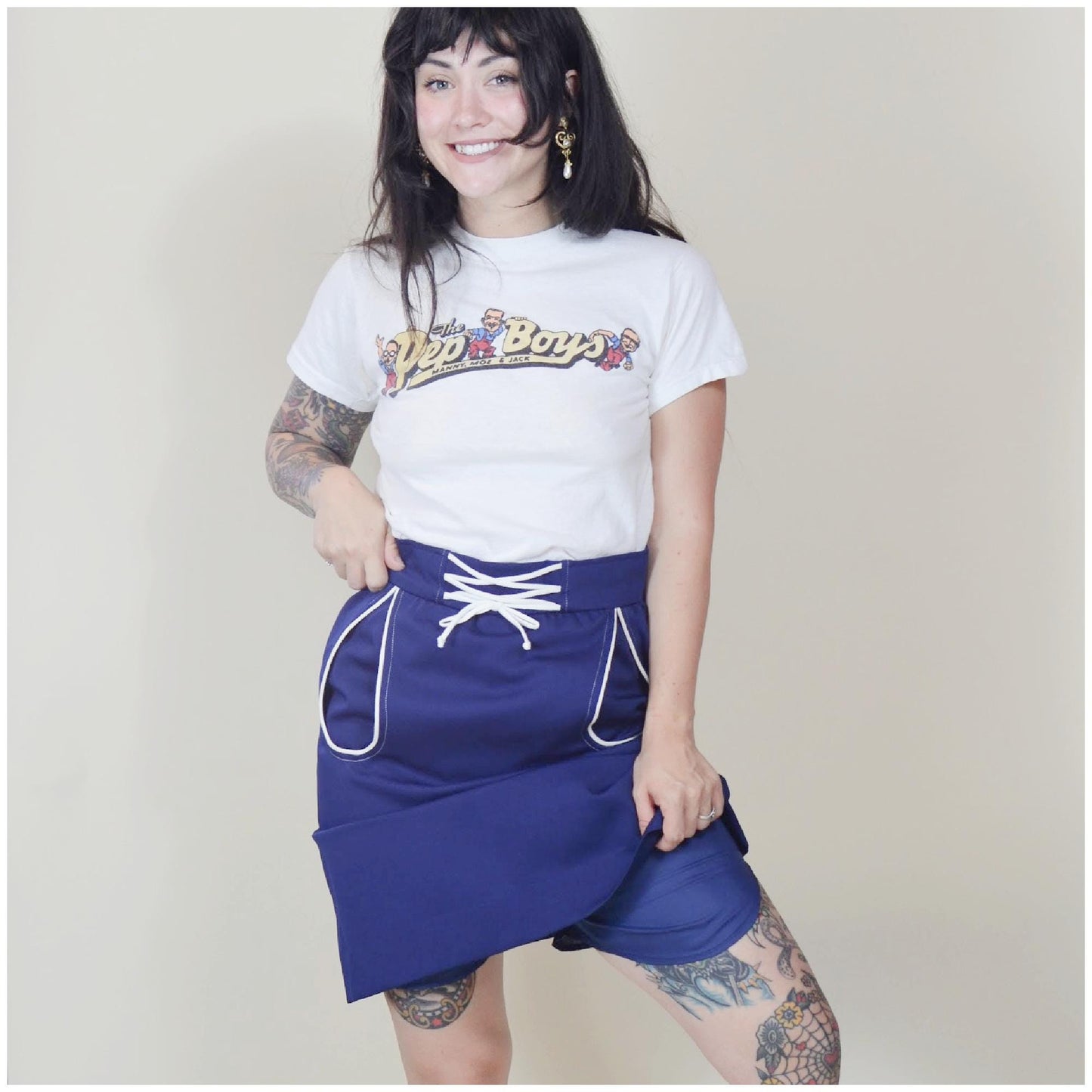 xs 1960s Vintage Mini Skirt Deep Blue Skort 60s Mod Mini teardrop pockets