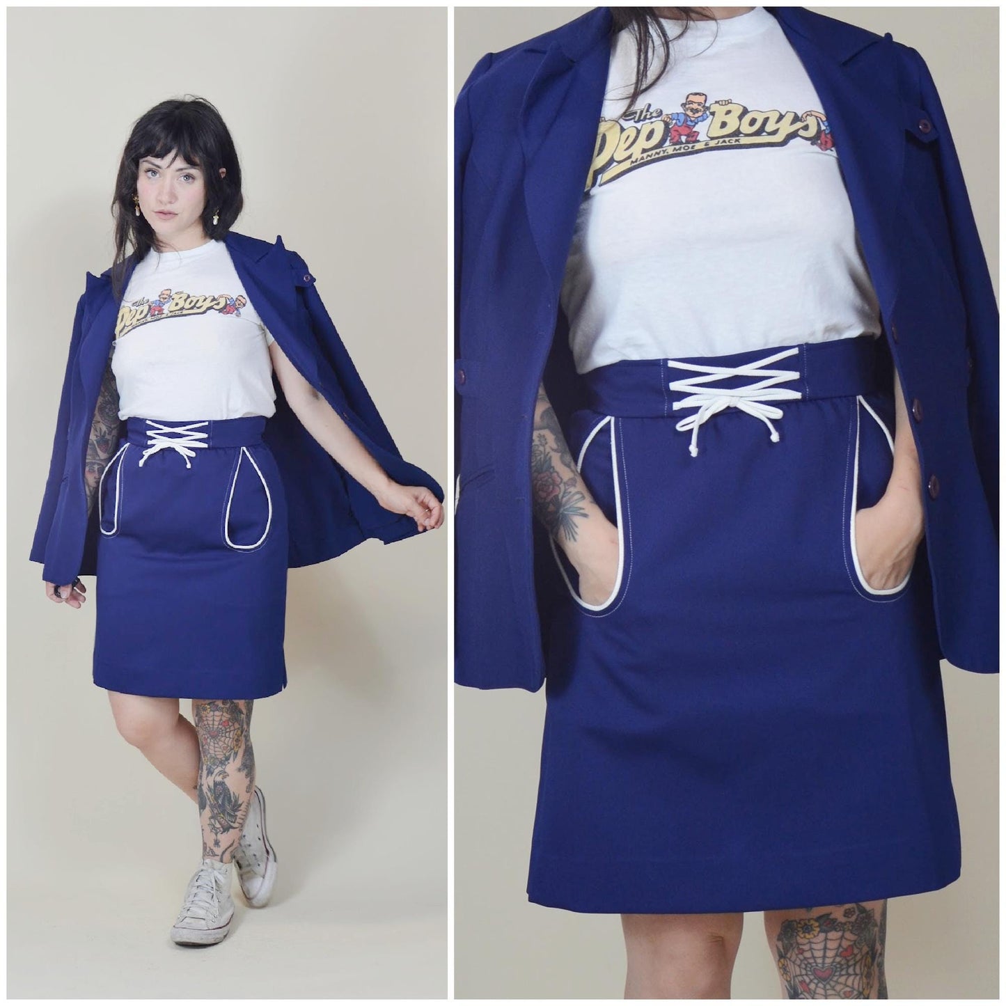 xs 1960s Vintage Mini Skirt Deep Blue Skort 60s Mod Mini teardrop pockets