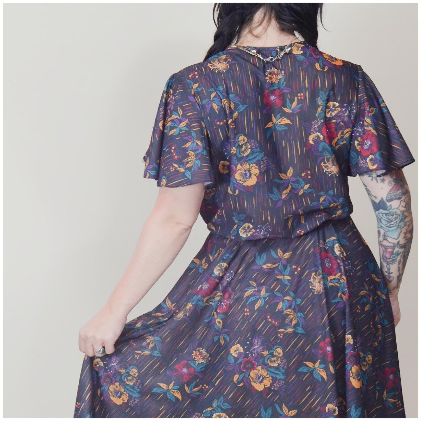 Medium - 1970s Fall Floral Midi Dress Vintage Flutter Sleeve Semi Sheer Dress