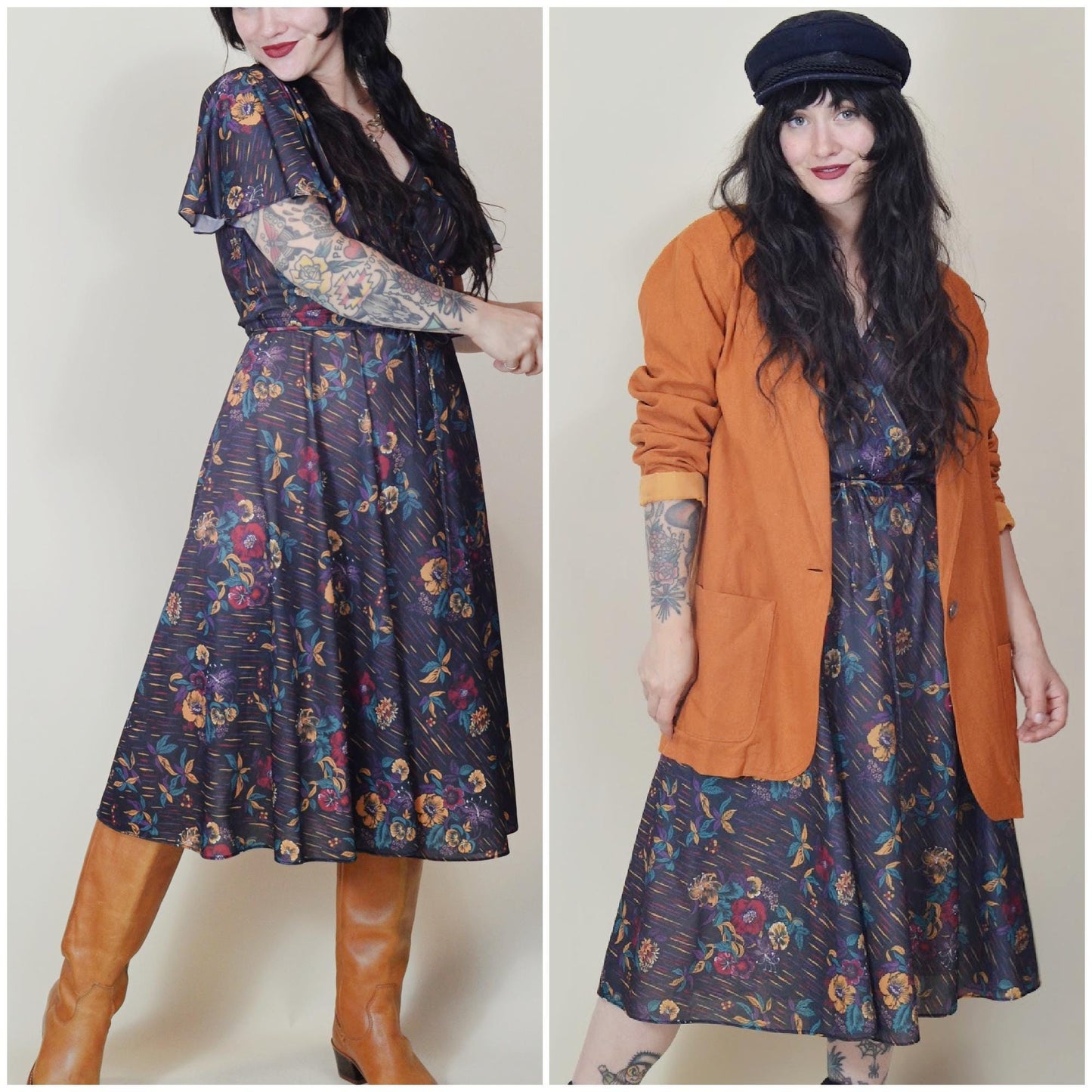 Medium - 1970s Fall Floral Midi Dress Vintage Flutter Sleeve Semi Sheer Dress