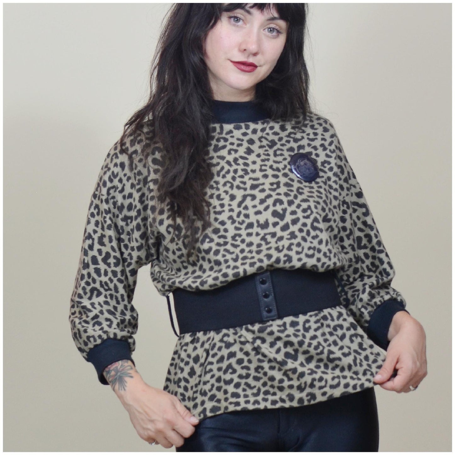 S-M 1980s Leopard Print 80s Vintage Rocker Tee Belted 80s Blouse