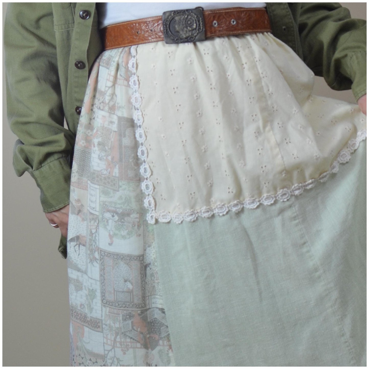 M-L 1970s Hippie Patchwork Skirt Vintage 70s Long Maxi Skirt