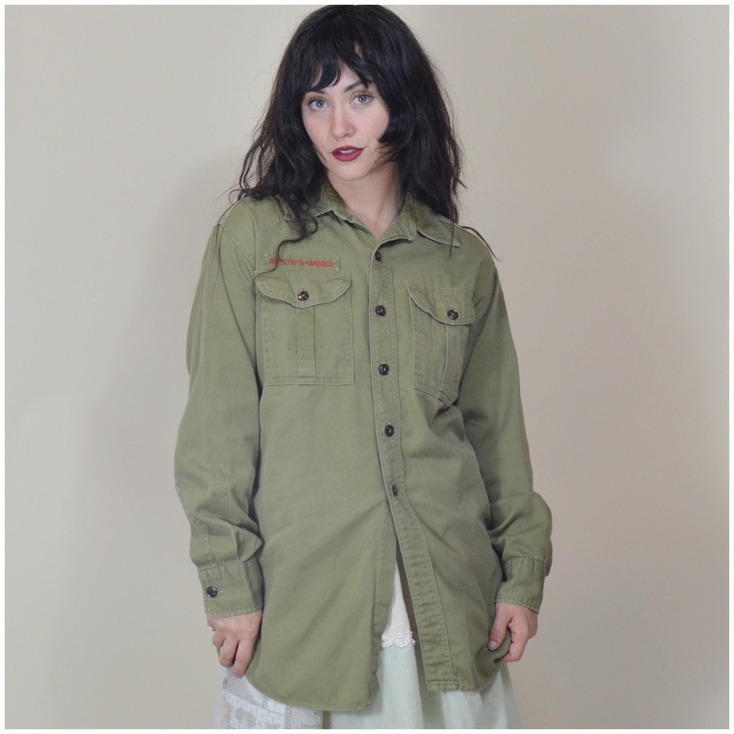 medium 1960s Forest Green Cotton Button Down Shirt Mens BOY SCOUTS of America 70s