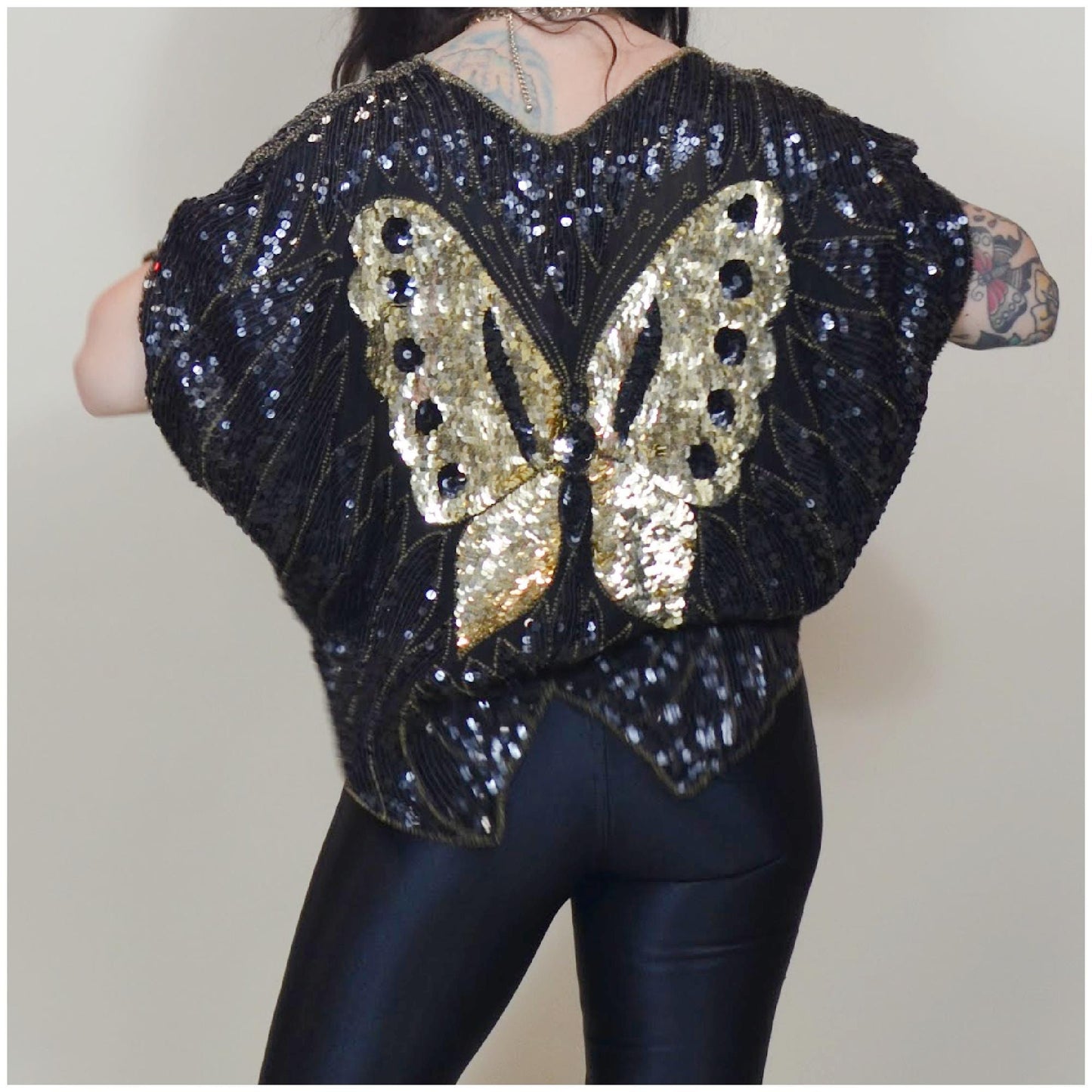 S-M 1970s DISCO Butterfly Blouse Silk Black and Gold Sequin Top Vintage Dancing