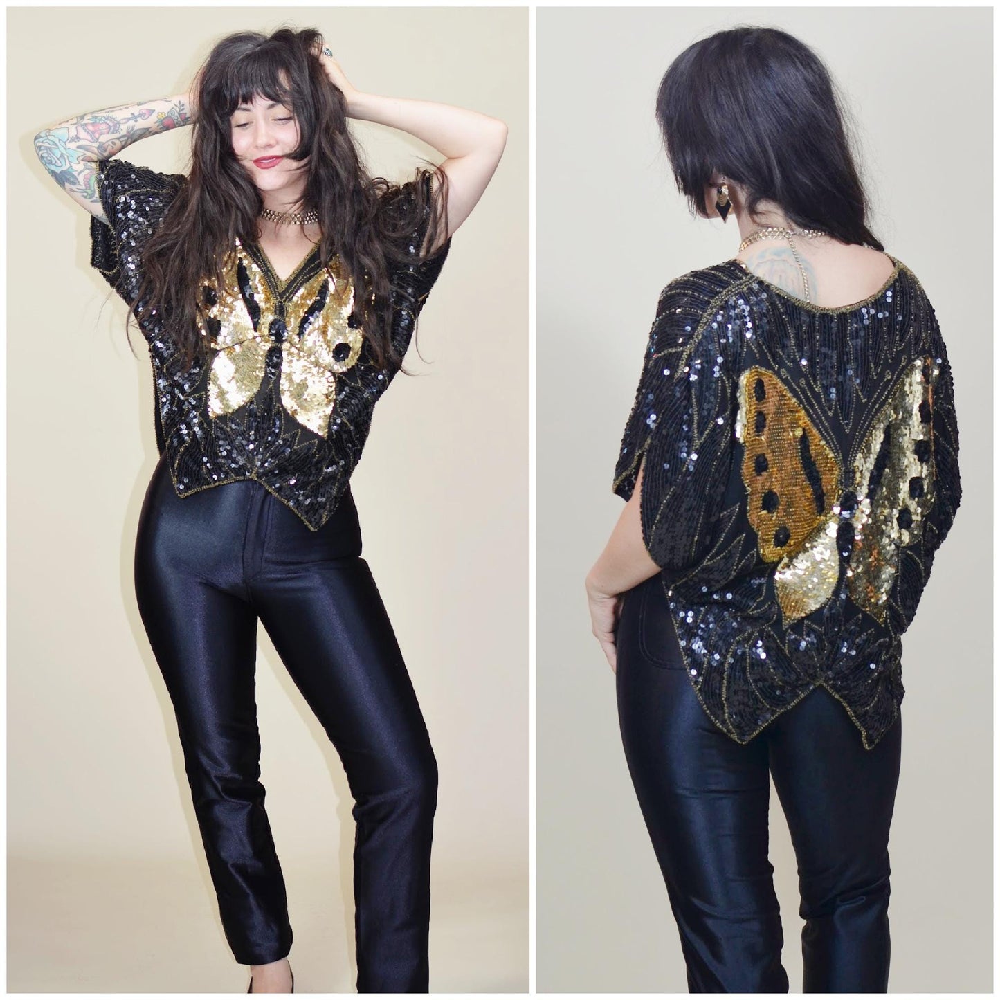 S-M 1970s DISCO Butterfly Blouse Silk Black and Gold Sequin Top Vintage Dancing