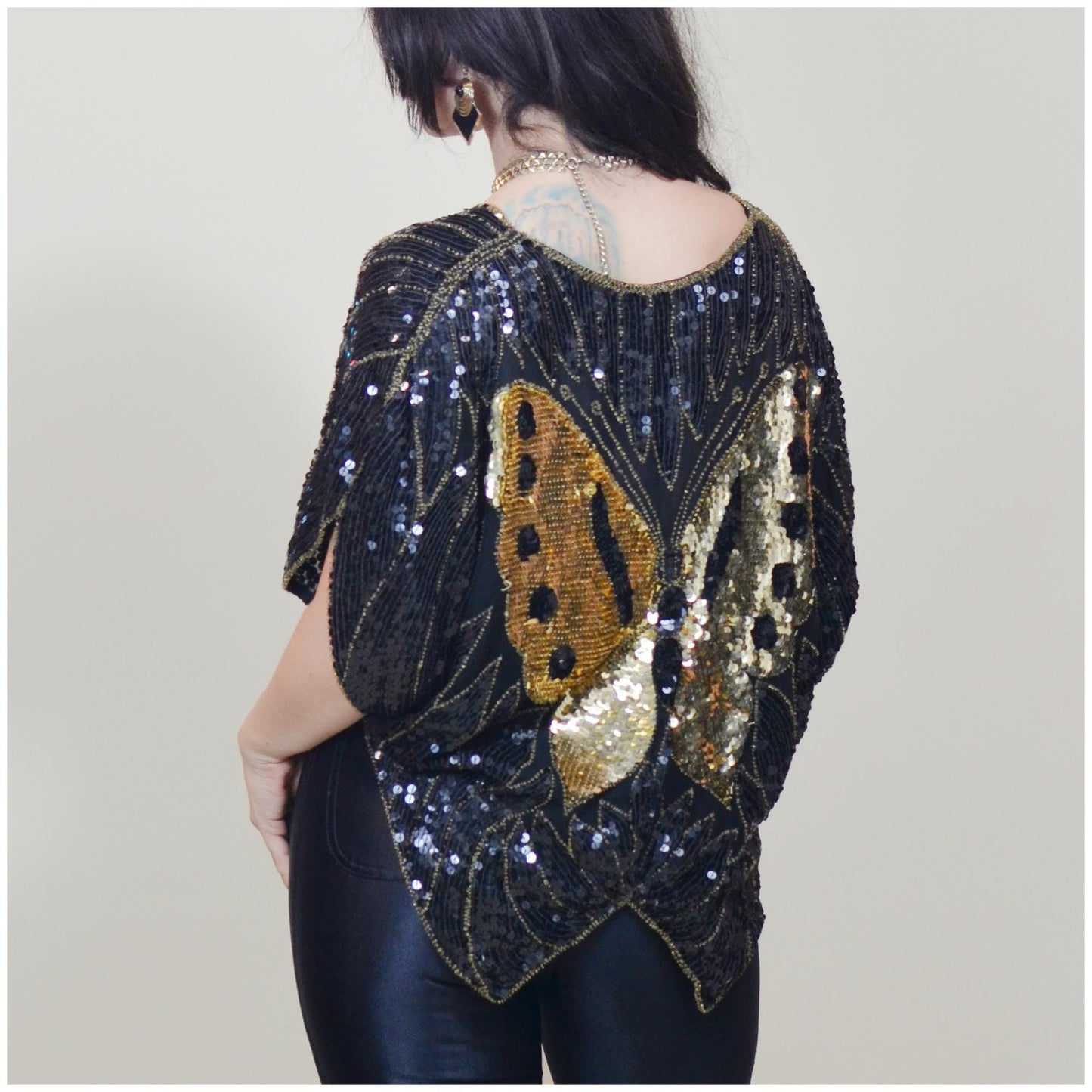 S-M 1970s DISCO Butterfly Blouse Silk Black and Gold Sequin Top Vintage Dancing