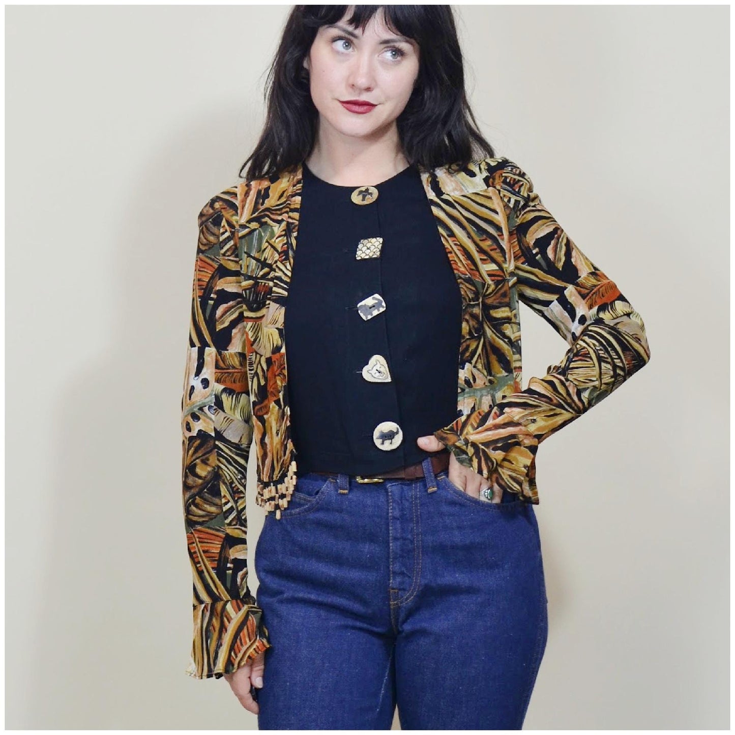 XS - S Vintage PLATINUM Brand Rayon Blouse Jungle Print Fringe Crop Petite Top