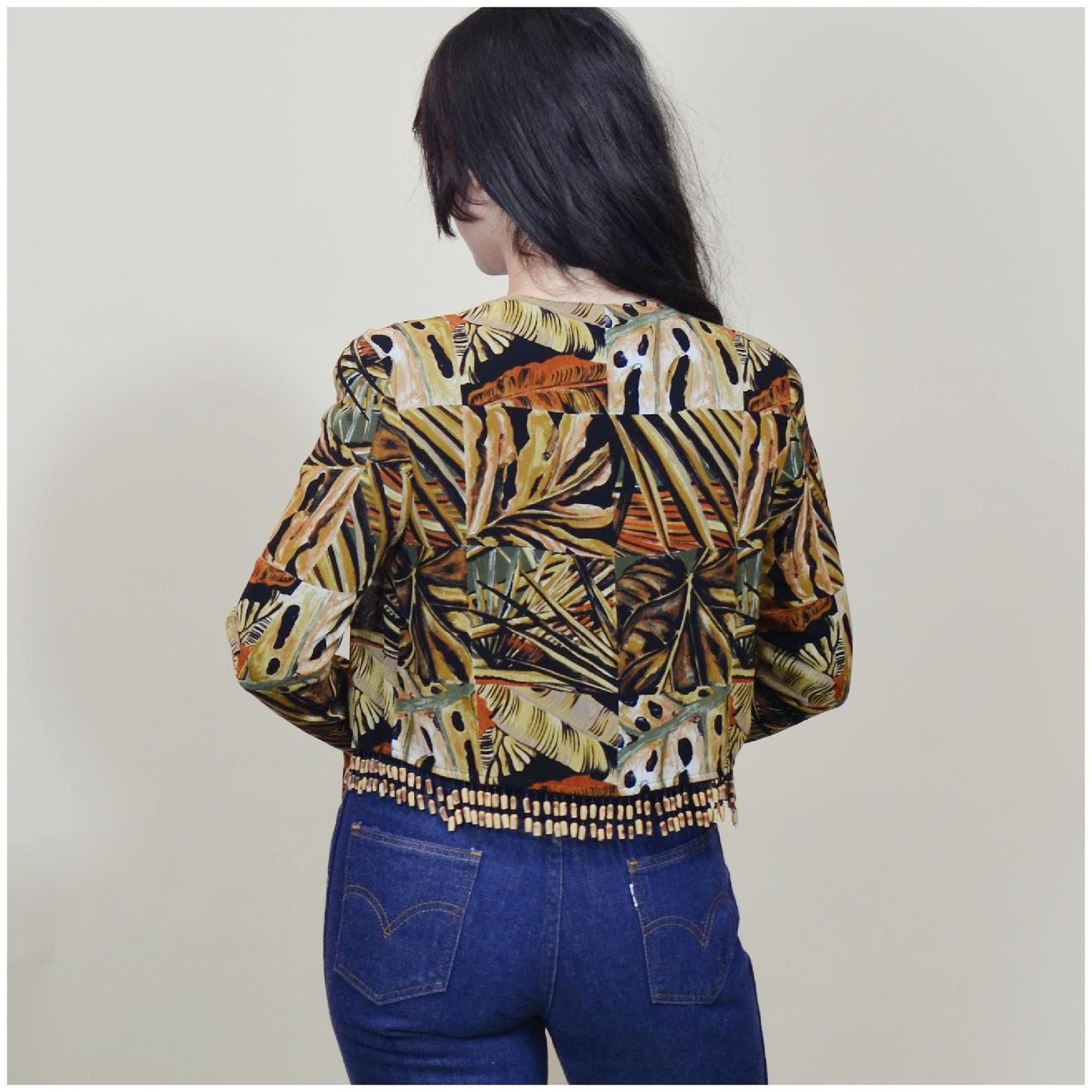 XS - S Vintage PLATINUM Brand Rayon Blouse Jungle Print Fringe Crop Petite Top