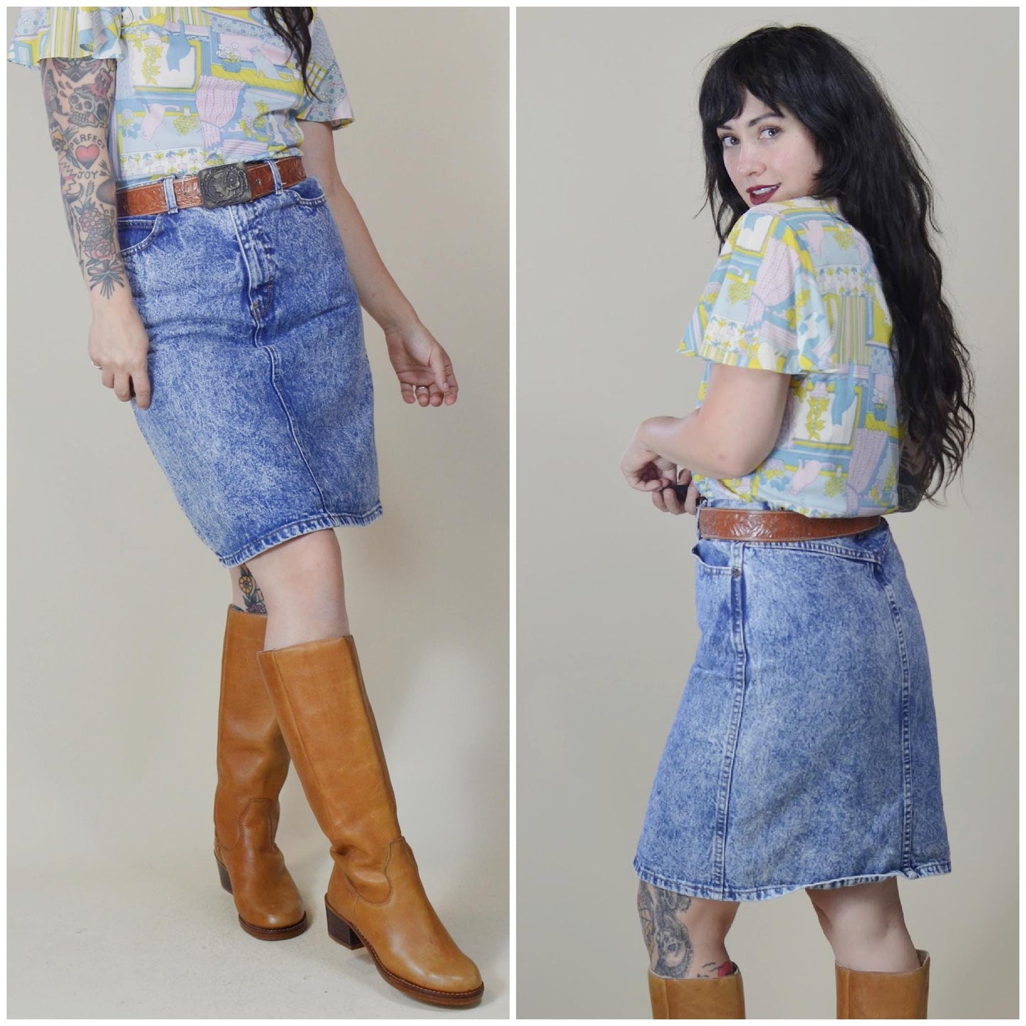 28 waist 1980s Vintage Acid Wash Denim Mini Skirt 80s Fitted