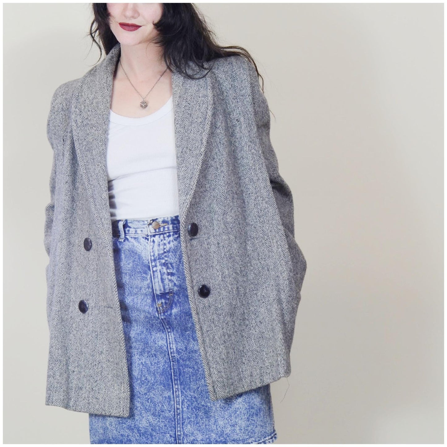 MEDIUM 1980s Grey Cropped Boxy Tweed Jacket 80s Herman Kay