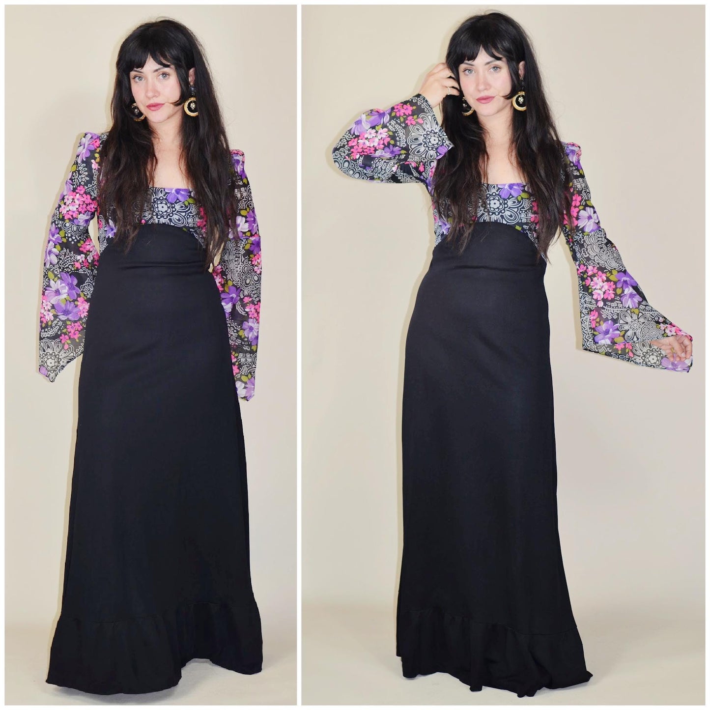 small 1970s Vintage Angel Sleeve Dress 70s Maxi Dress Purple Floral Goth Princess Dress