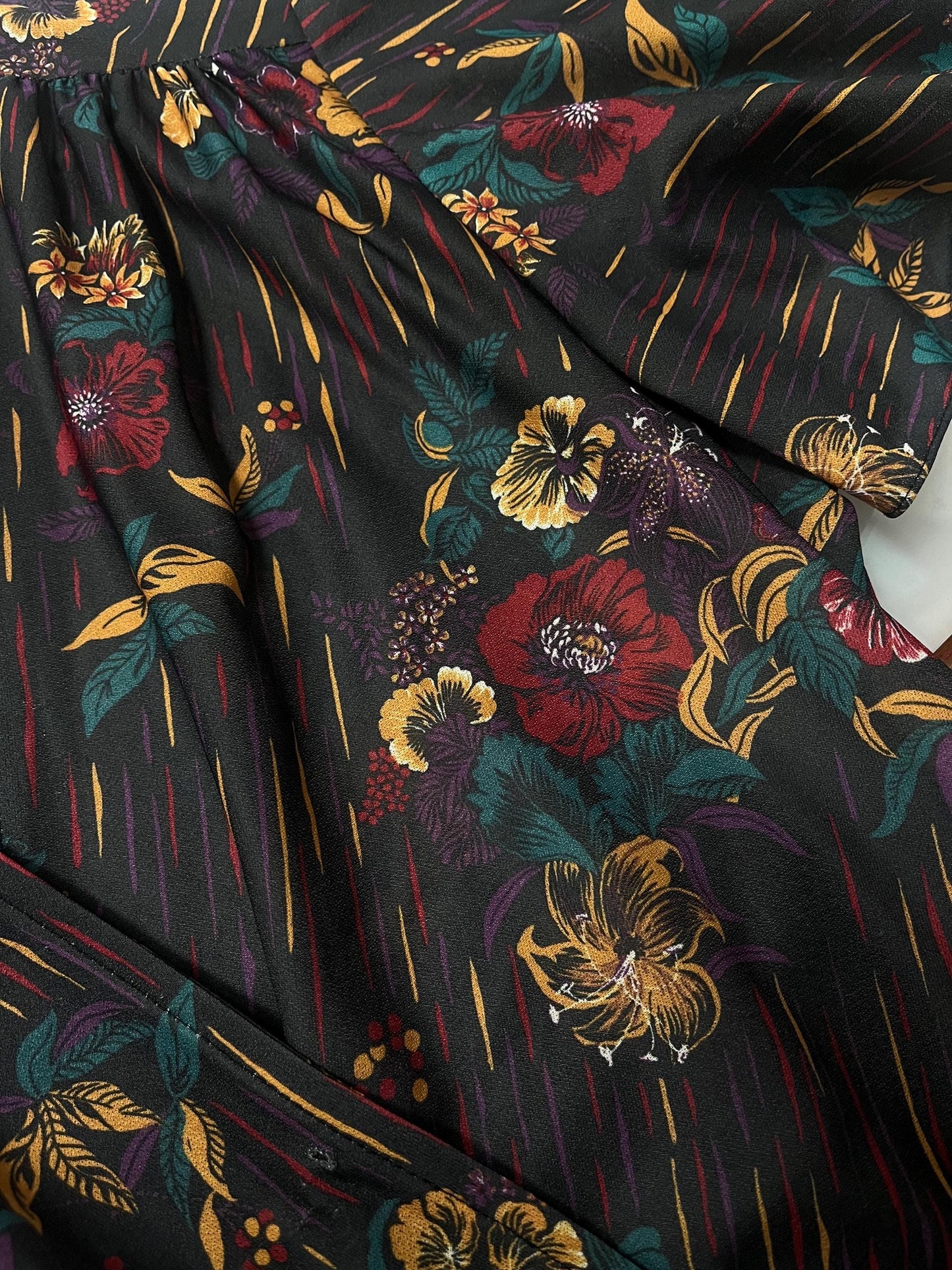 Medium - 1970s Fall Floral Midi Dress Vintage Flutter Sleeve Semi Sheer Dress