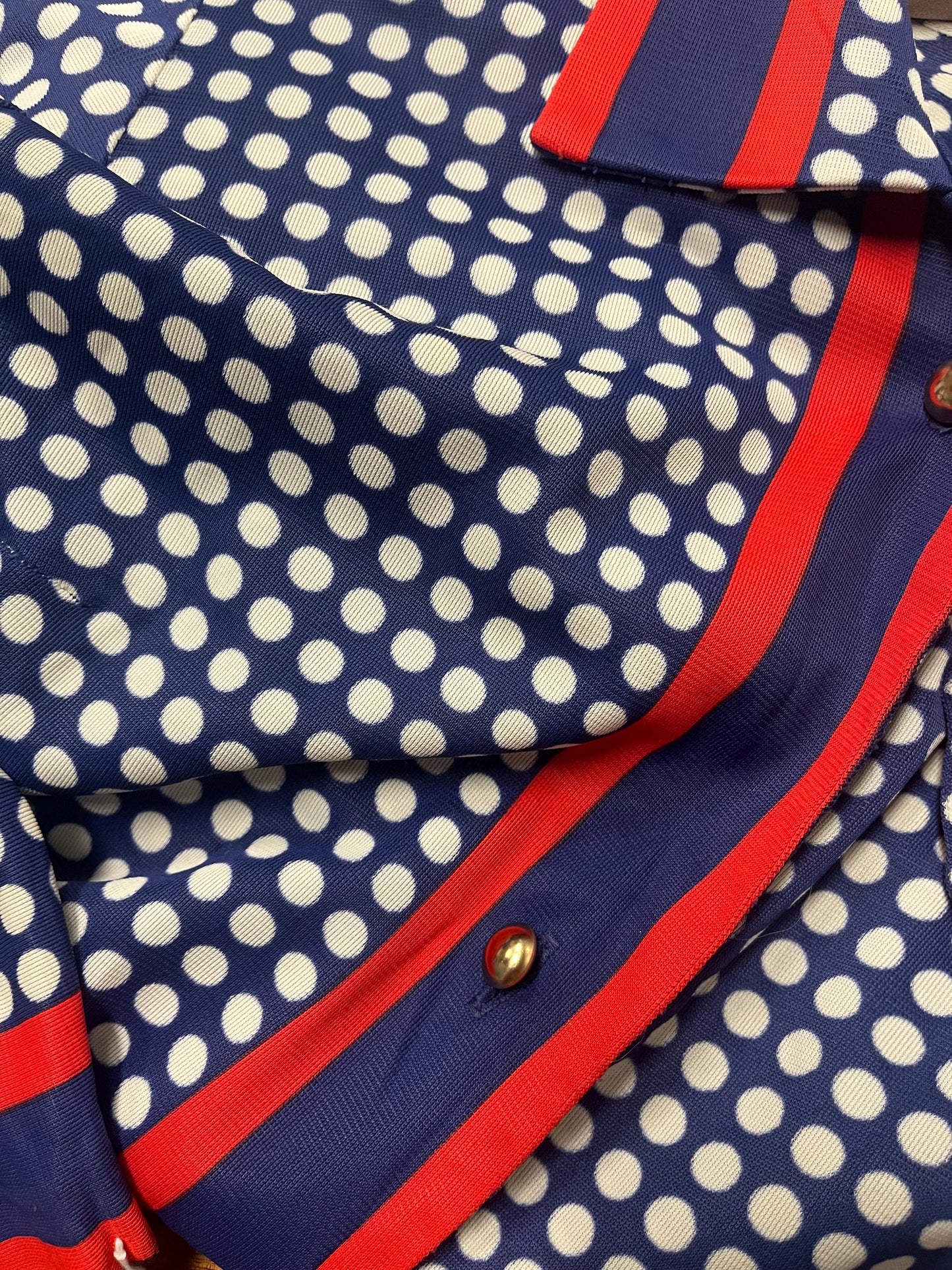 medium 1960s Vintage Shift Dress 60s Button Down Blue and Red Midi Dress POLKA DOT