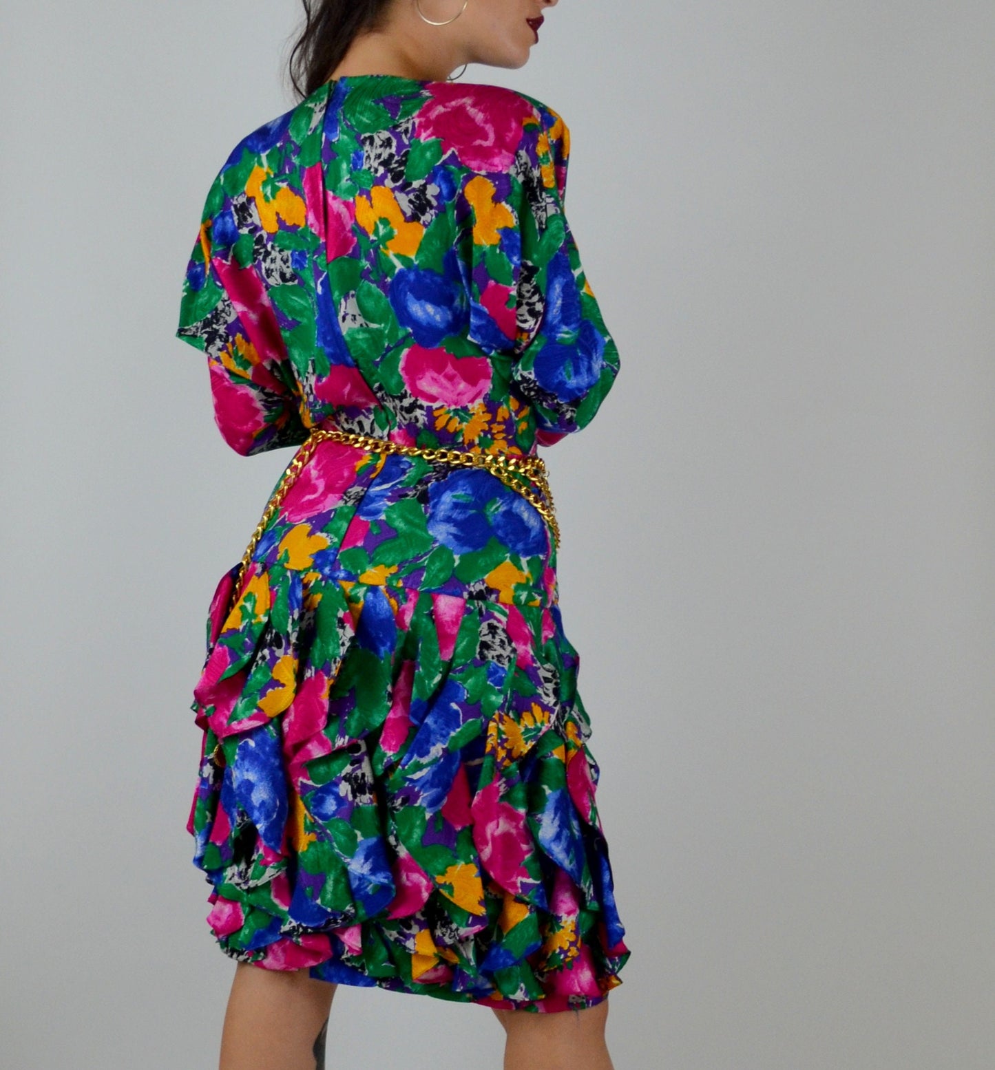 1990s Dress | Small | Vintage SILK Floral Dress 90s Preppy Drop Waist Ruffle Skirt