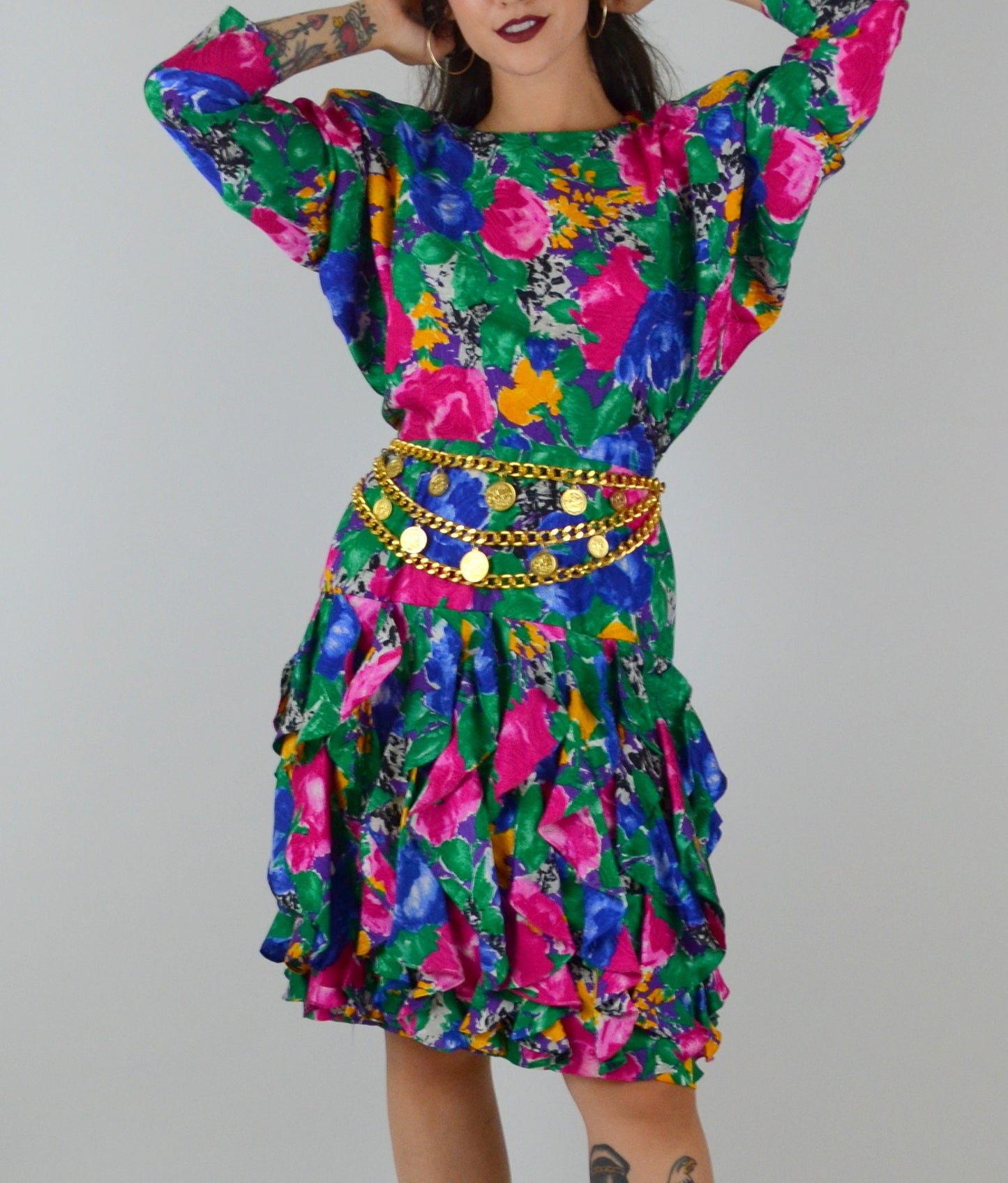 1990s Dress | Small | Vintage SILK Floral Dress 90s Preppy Drop Waist Ruffle Skirt