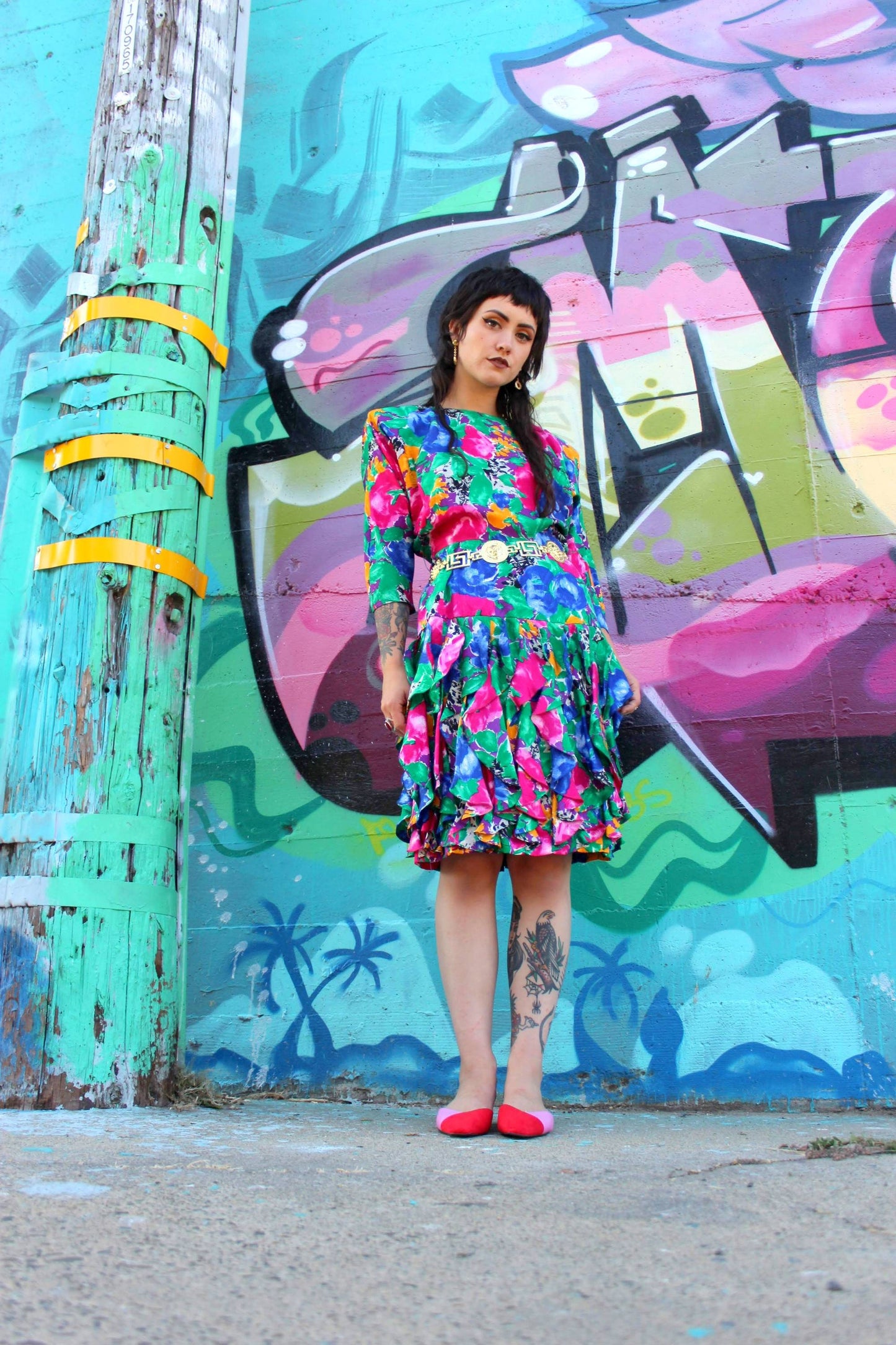 1990s Dress | Small | Vintage SILK Floral Dress 90s Preppy Drop Waist Ruffle Skirt
