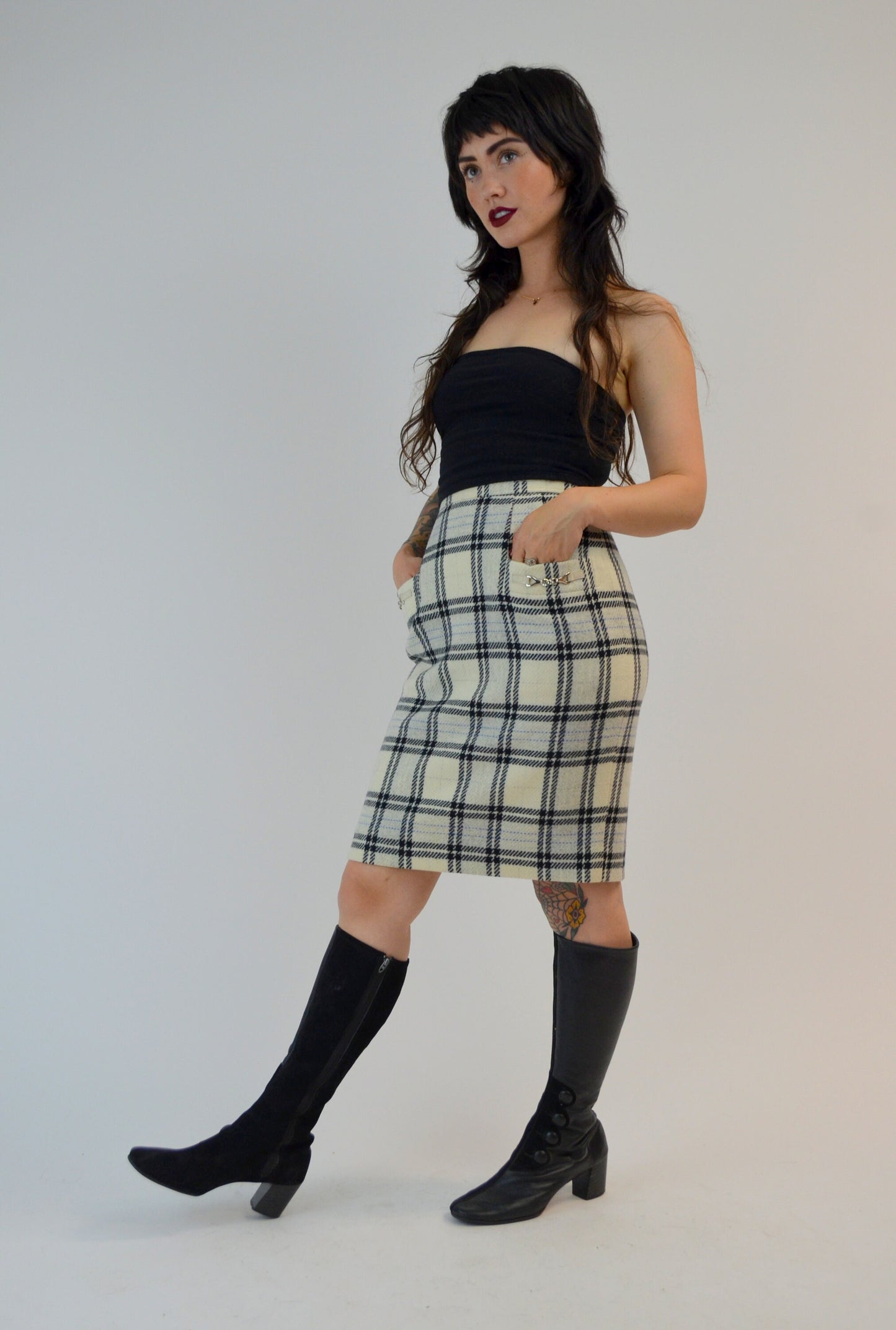 XS 1990s COURREGES Mini Skirt Vintage HIgh Waisted Plaid CLUELESS Fitted Skier 90s Schoolgirl Skirt | 24" Waist