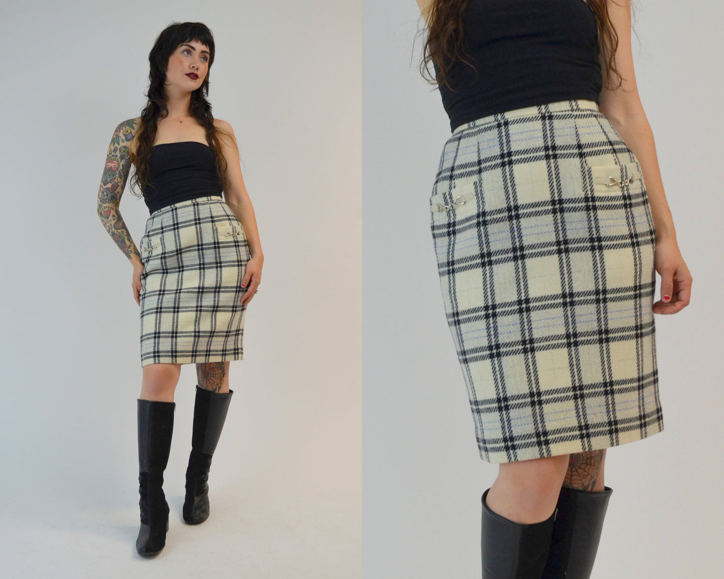 XS 1990s COURREGES Mini Skirt Vintage HIgh Waisted Plaid CLUELESS Fitted Skier 90s Schoolgirl Skirt | 24" Waist