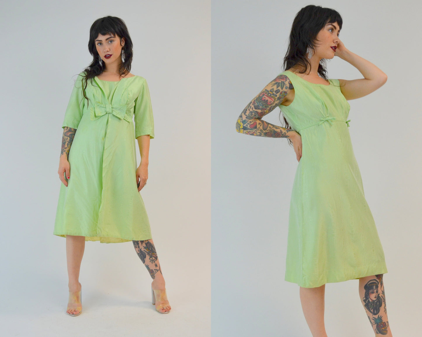 XS/SMALL 1960s Two Piece Dress Set Vintage Pistachio Green Wiggle Dress with Overcoat 60s Mad Men Outfit