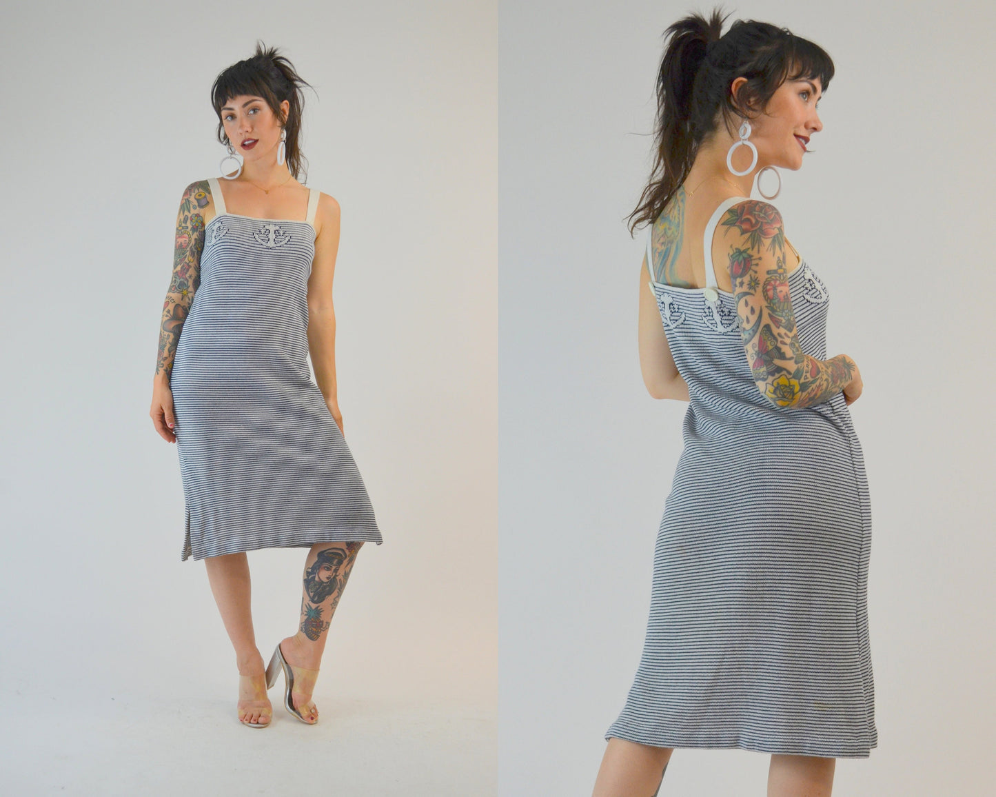 SMALL - MEDiUM 70s TED LAPIDUS Knit Dress Vintage Anchor Print Summer Dress 1970s Nautical Stripe Mini Dress