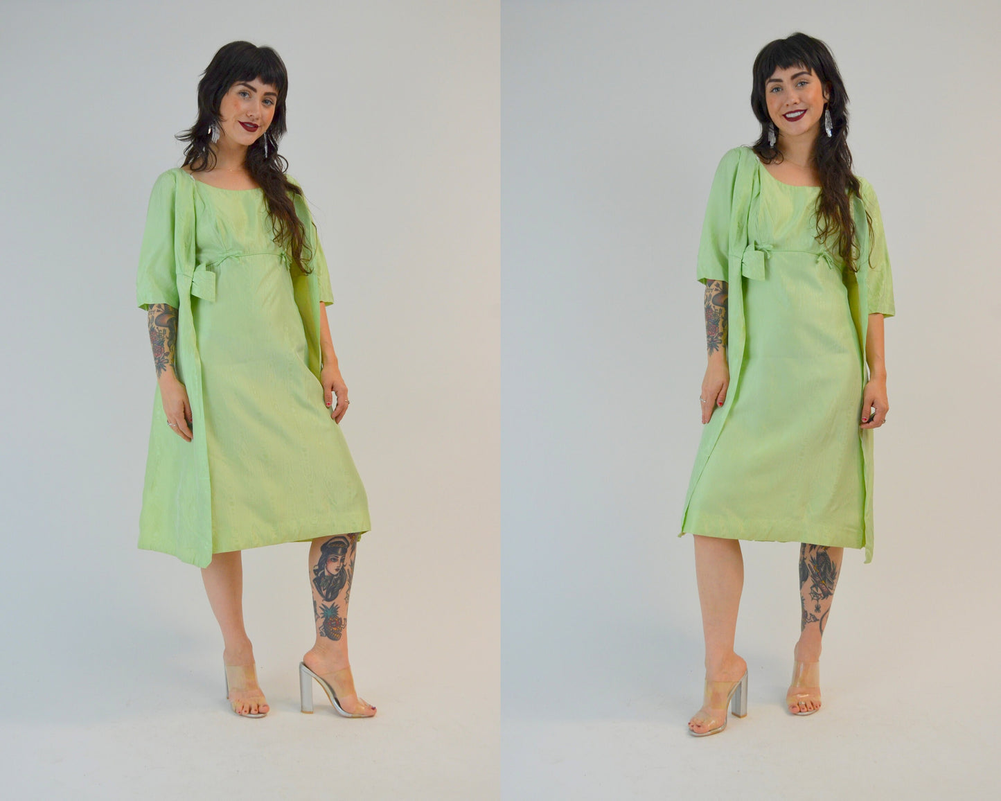XS/SMALL 1960s Two Piece Dress Set Vintage Pistachio Green Wiggle Dress with Overcoat 60s Mad Men Outfit