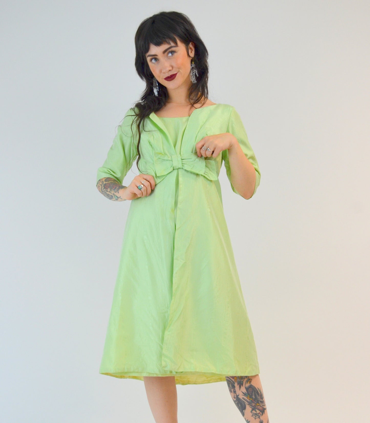 XS/SMALL 1960s Two Piece Dress Set Vintage Pistachio Green Wiggle Dress with Overcoat 60s Mad Men Outfit