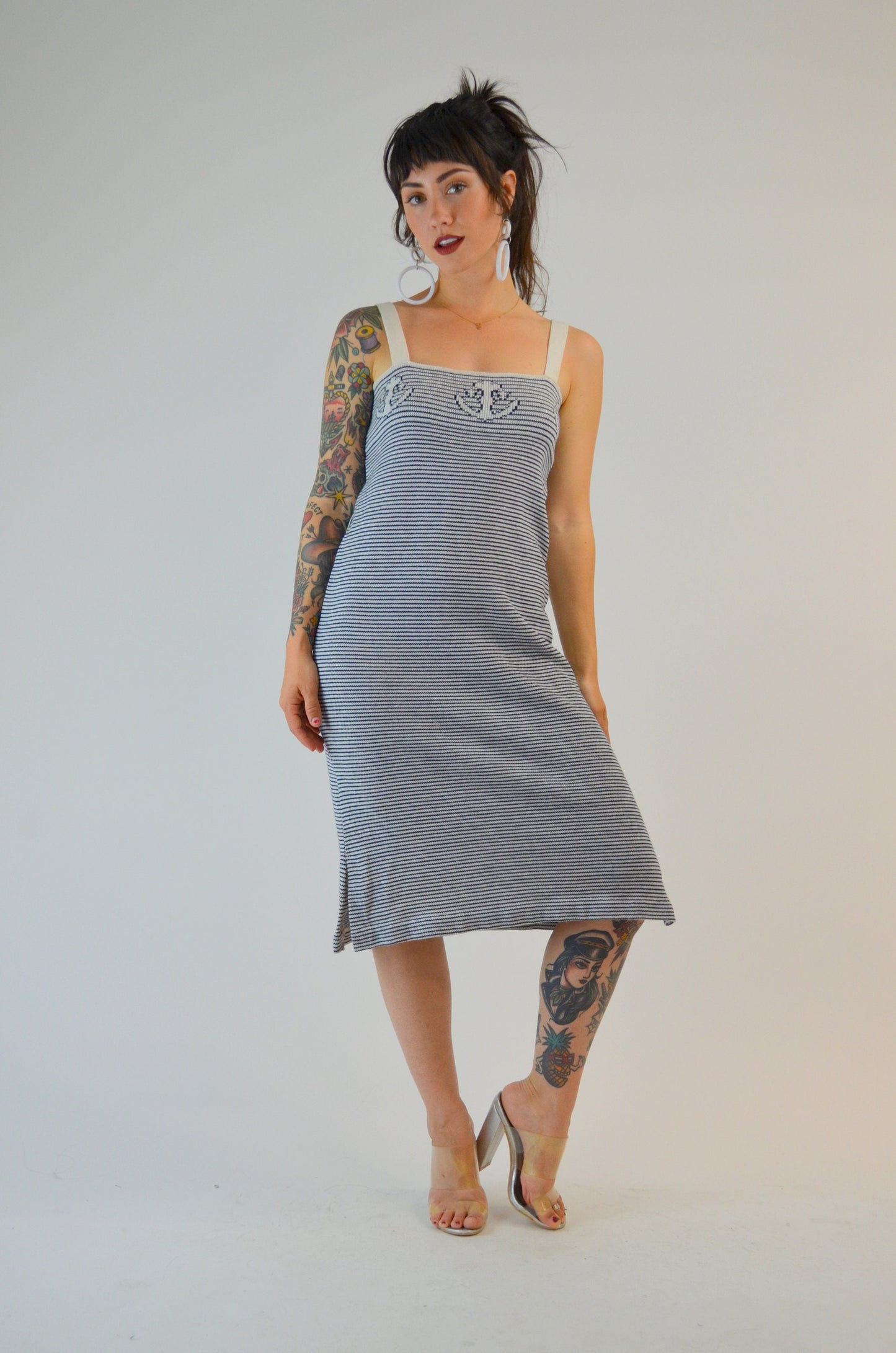 SMALL - MEDiUM 70s TED LAPIDUS Knit Dress Vintage Anchor Print Summer Dress 1970s Nautical Stripe Mini Dress