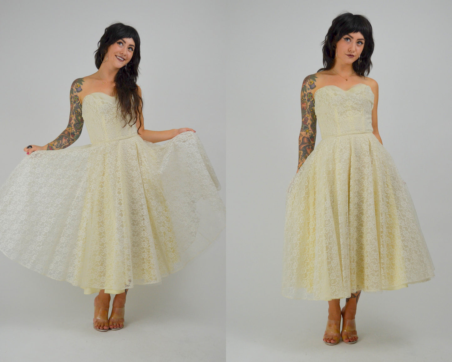 XS 1950 Wedding Dress Strapless Tea Length Prom Dress 50s Crumb Catcher Bodice Lace Mid Century Bride LORRIE DEB
