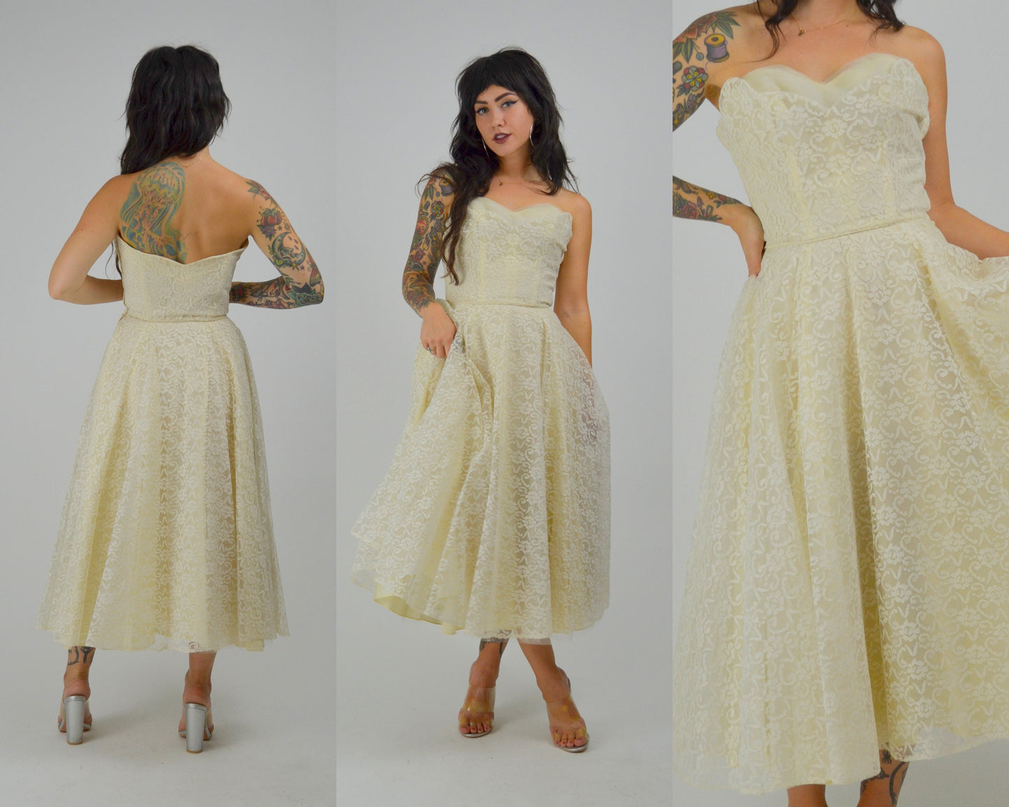 XS 1950 Wedding Dress Strapless Tea Length Prom Dress 50s Crumb Catcher Bodice Lace Mid Century Bride LORRIE DEB