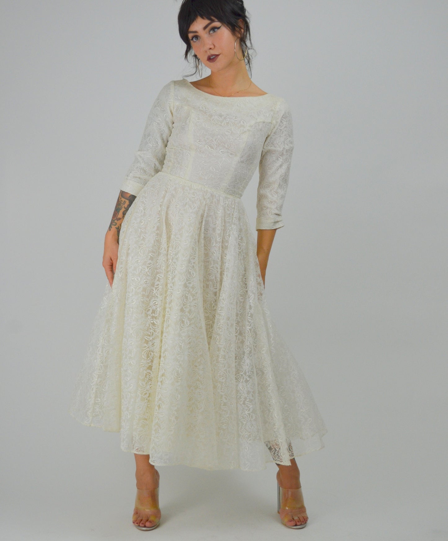 XS 1950 Wedding Dress Vintage White Lace 50s Prom Dress Mid Length Sleeves Mid Century Bride
