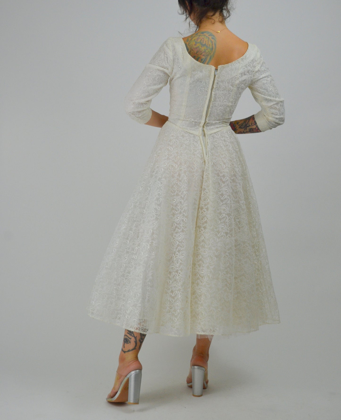 XS 1950 Wedding Dress Vintage White Lace 50s Prom Dress Mid Length Sleeves Mid Century Bride