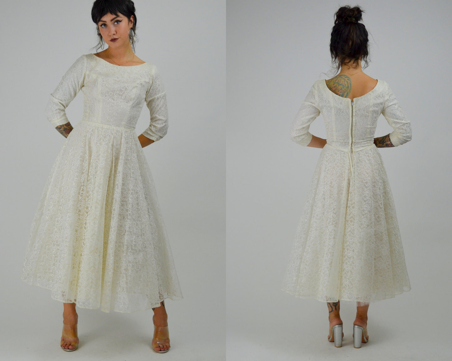 XS 1950 Wedding Dress Vintage White Lace 50s Prom Dress Mid Length Sleeves Mid Century Bride