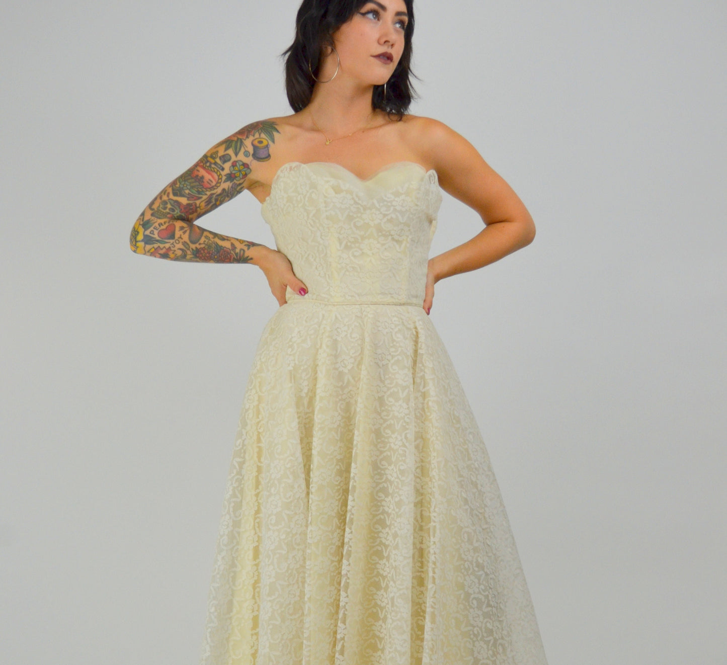 XS 1950 Wedding Dress Strapless Tea Length Prom Dress 50s Crumb Catcher Bodice Lace Mid Century Bride LORRIE DEB