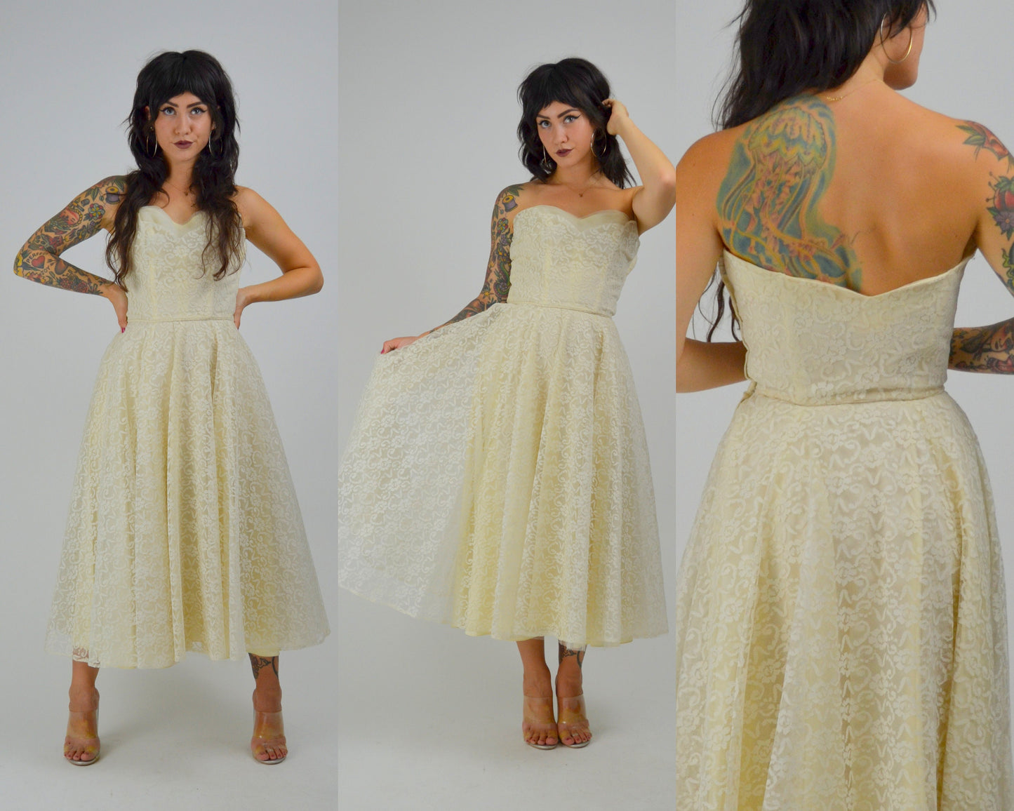XS 1950 Wedding Dress Strapless Tea Length Prom Dress 50s Crumb Catcher Bodice Lace Mid Century Bride LORRIE DEB