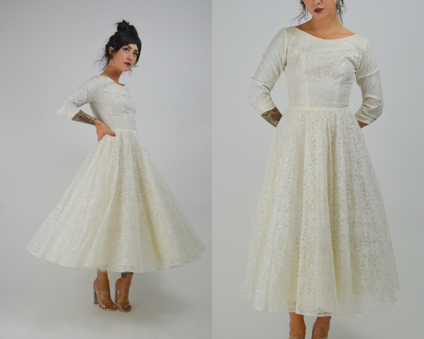 XS 1950 Wedding Dress Vintage White Lace 50s Prom Dress Mid Length Sleeves Mid Century Bride