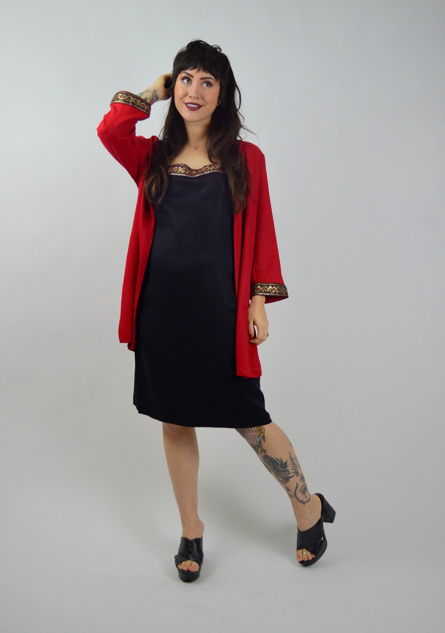 LARGE 1990s Two Piece Set Vintage Little Black Dress with Matching Jacket 90s Black and Red Outfit