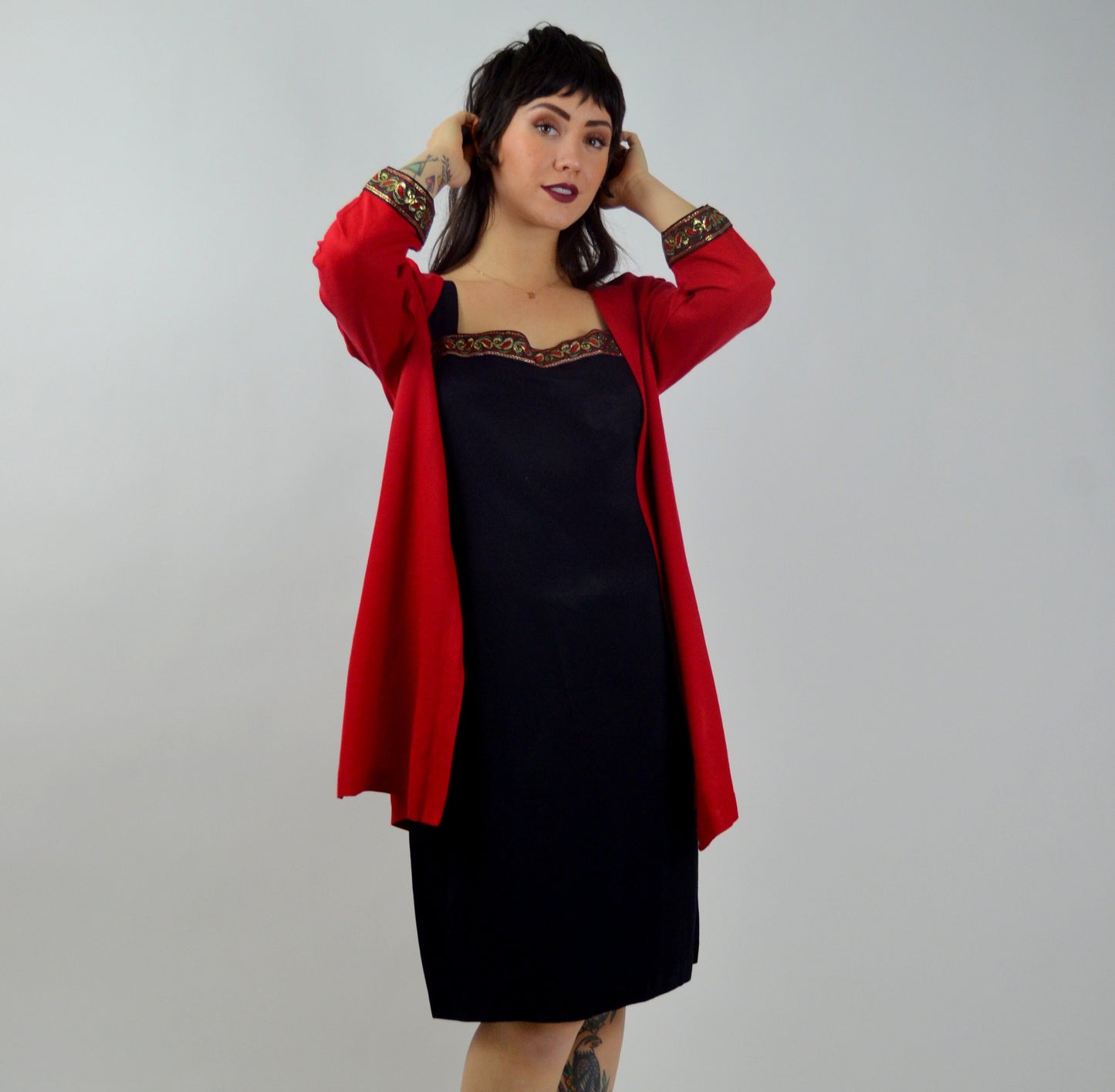 LARGE 1990s Two Piece Set Vintage Little Black Dress with Matching Jacket 90s Black and Red Outfit