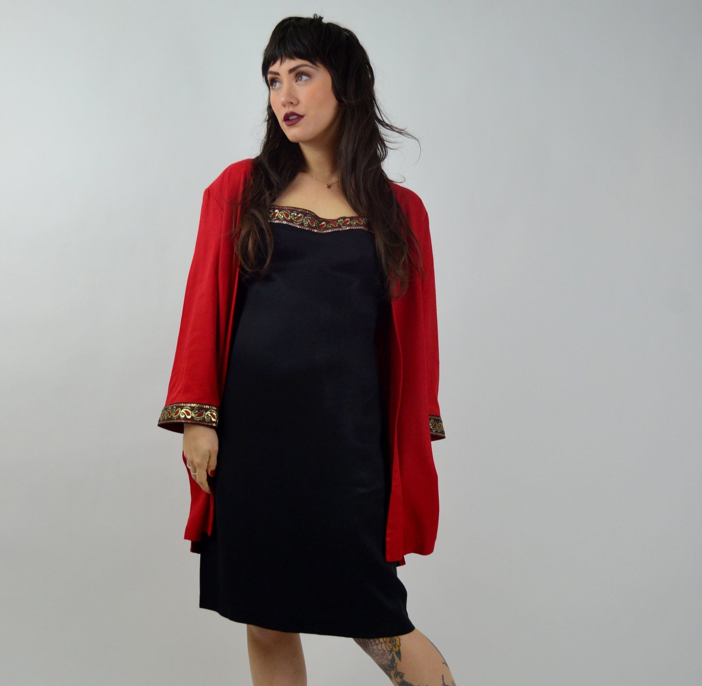 LARGE 1990s Two Piece Set Vintage Little Black Dress with Matching Jacket 90s Black and Red Outfit