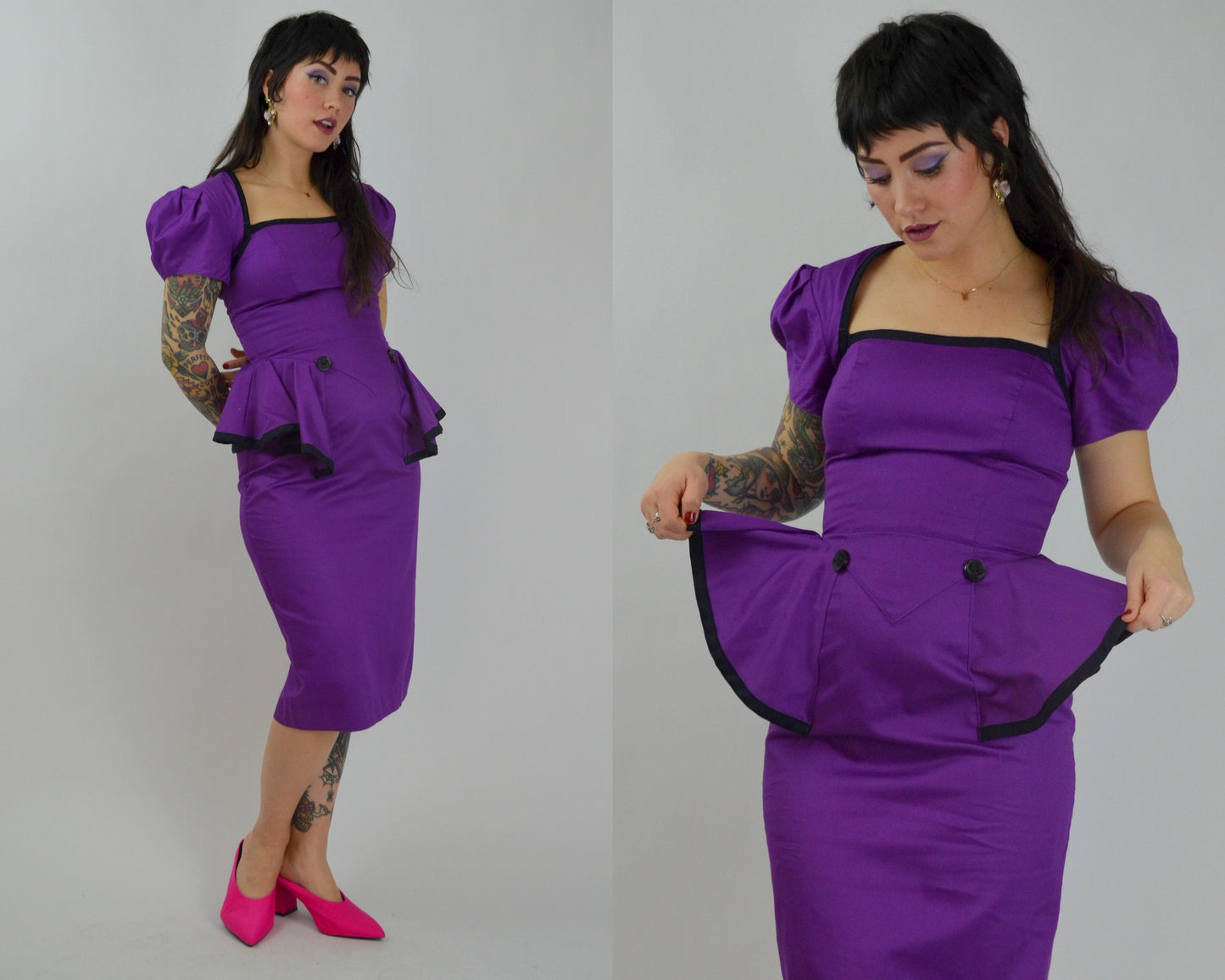 SMALL 1990s Purple Peplum Dress Vintage 90s Cut Out Back Valentines Day Dress 1940s Style