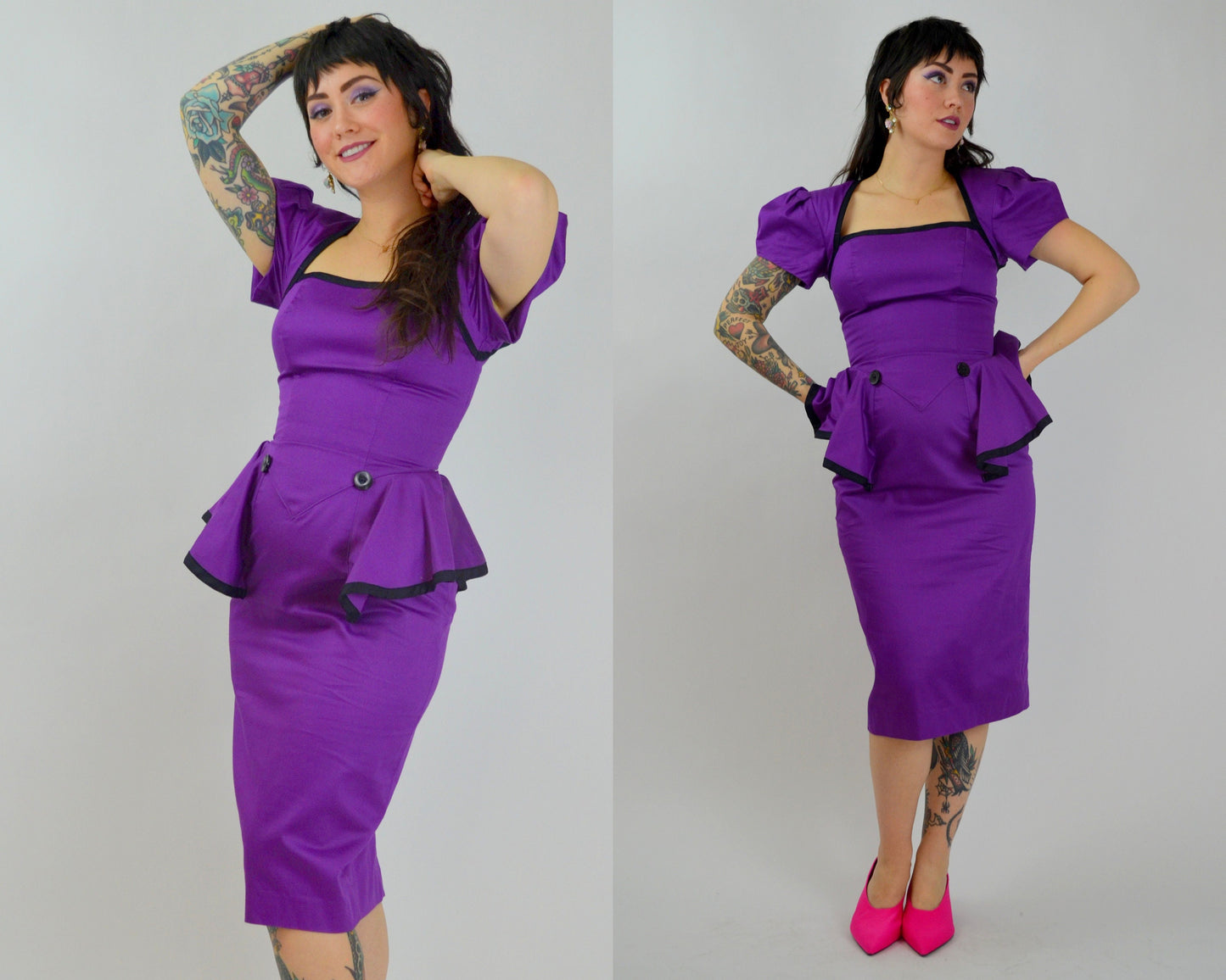 SMALL 1990s Purple Peplum Dress Vintage 90s Cut Out Back Valentines Day Dress 1940s Style