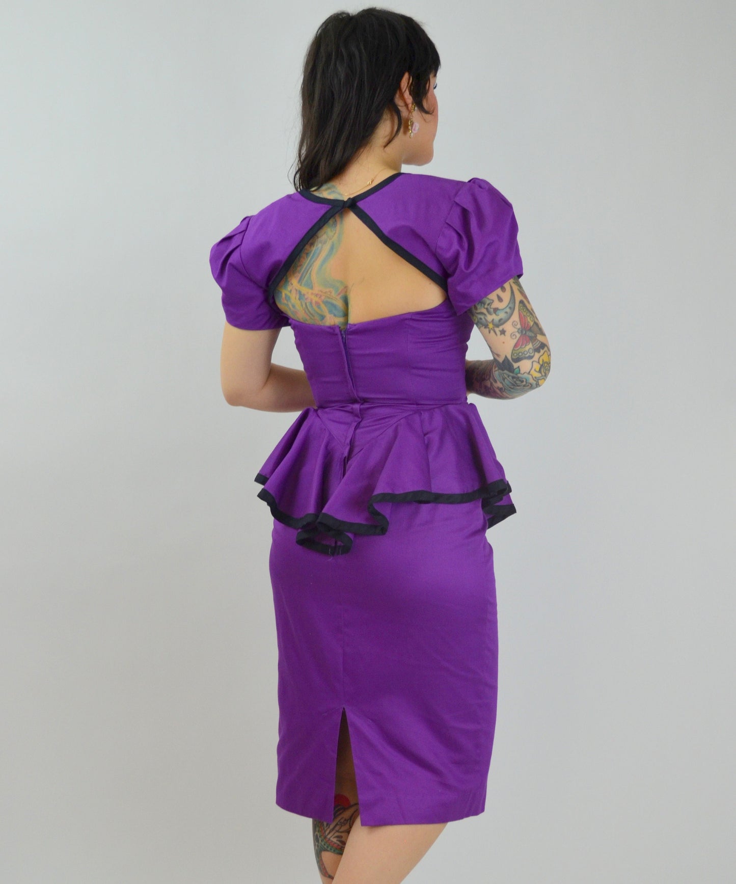 SMALL 1990s Purple Peplum Dress Vintage 90s Cut Out Back Valentines Day Dress 1940s Style