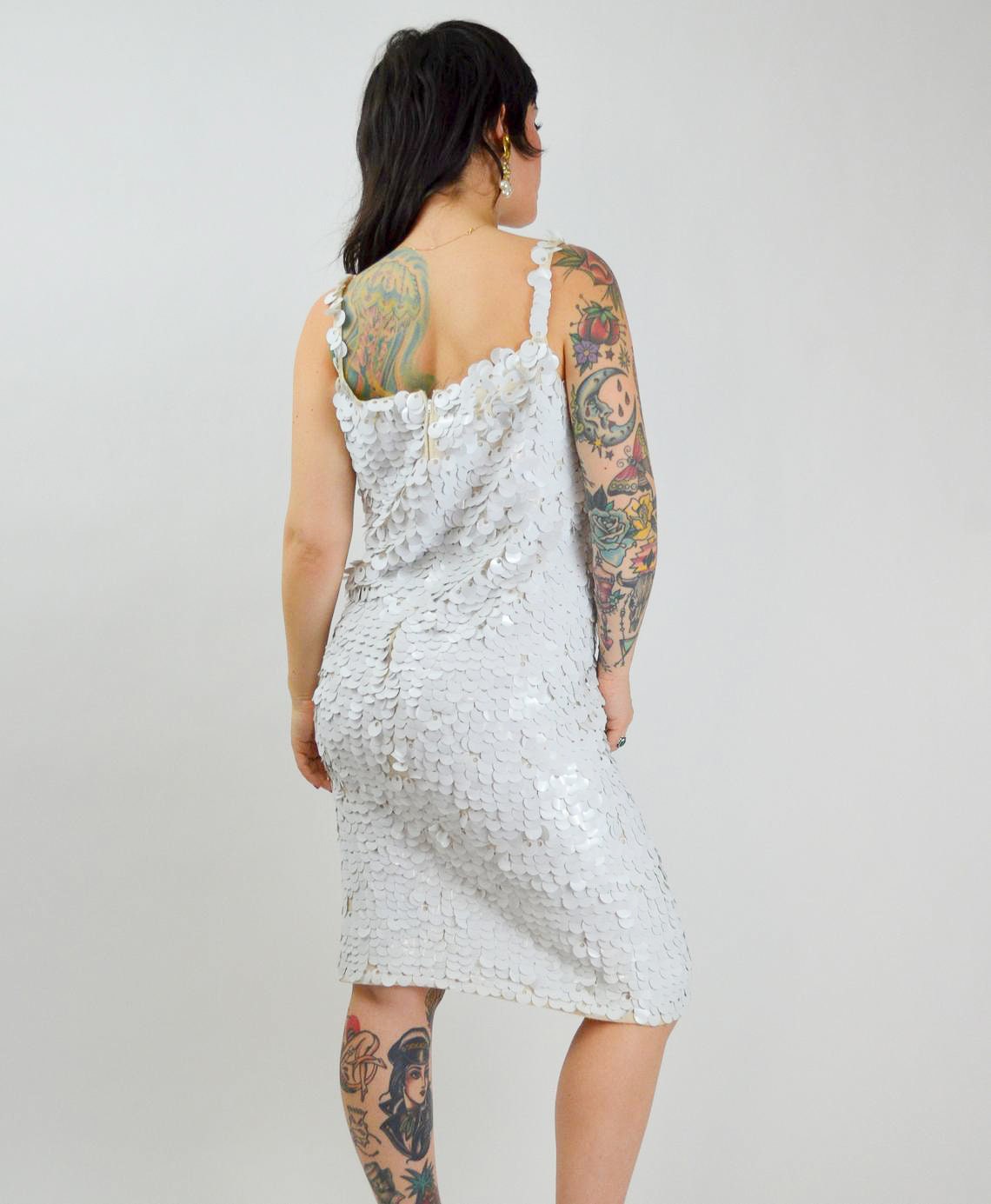 MEDIUM 1960s GENE SHELLY Wiggle Dress Vintage White Paillettes 60s Mod Shimmy Dress Gene Shelly Boutique International Sequin Dress